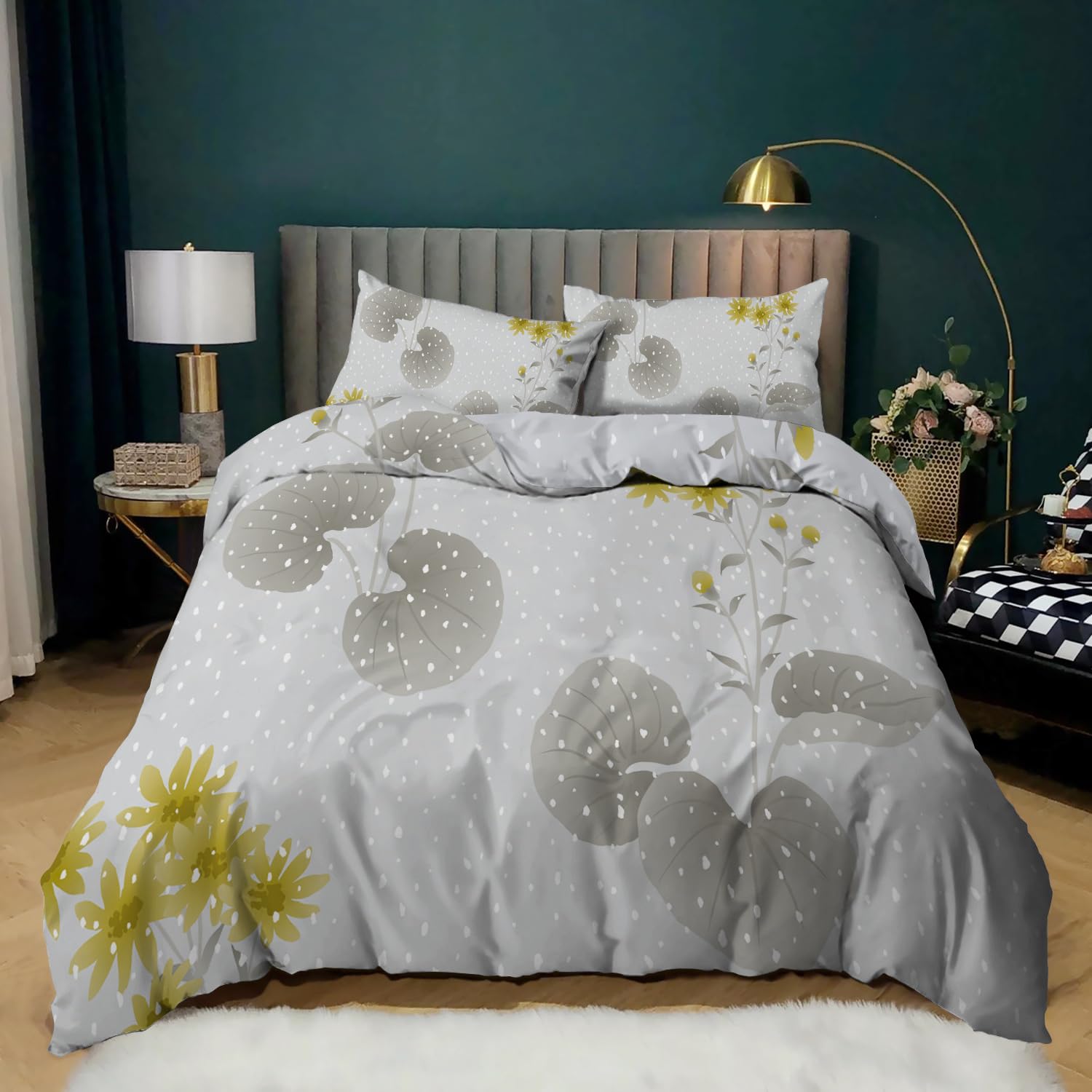 Copripiumino 200x200 Floreale, Set Letto con Stampa di Fiori Gialli e Foglie Grigie per Bambini, Ragazze e Donne, Setcopripiumino Reversibile in Stile Shabby Chic per La Camera da Letto con Federe e