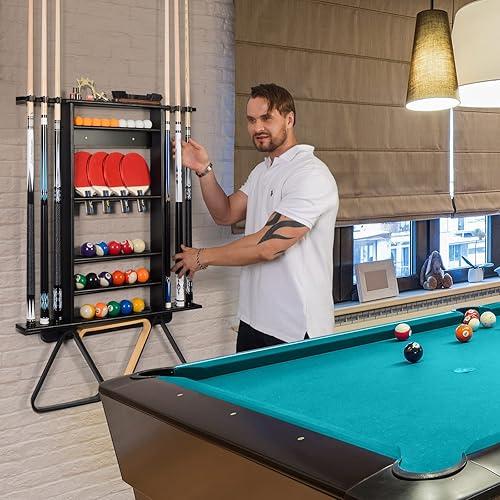 Miniatura 7 de XCSOURCE Soporte para Tacos de Piscina - Soporte 2-EN-1 para Tacos de Billar y Palas de Ping Pong, Montaje en Pared de Madera de Pino Macizo para