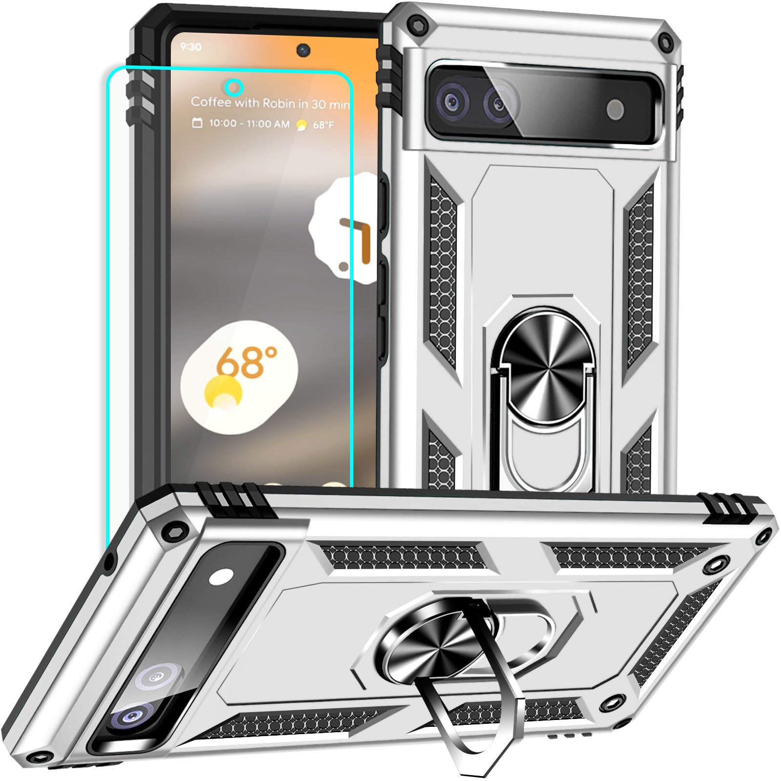 Yiakeng for Google Pixel 6A Case: with Screen Protector - Military Grade Protective Cases with Finger Ring Holder Kickstand for Pixel 6A Case(Silvery)