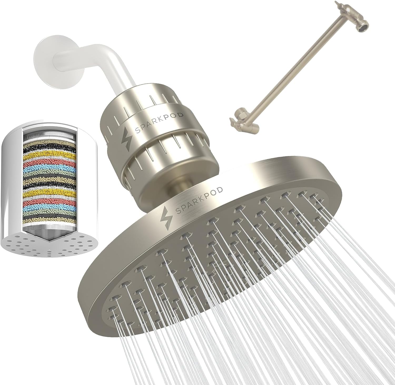 SparkPod Luxury Filtered Shower Head Set 23 Stage Shower Filter with Extension Arm - Removes Chlorine and Heavy Metals - High Pressure Showerhead Filter (8" Round, Elegant Brushed Nickel)
