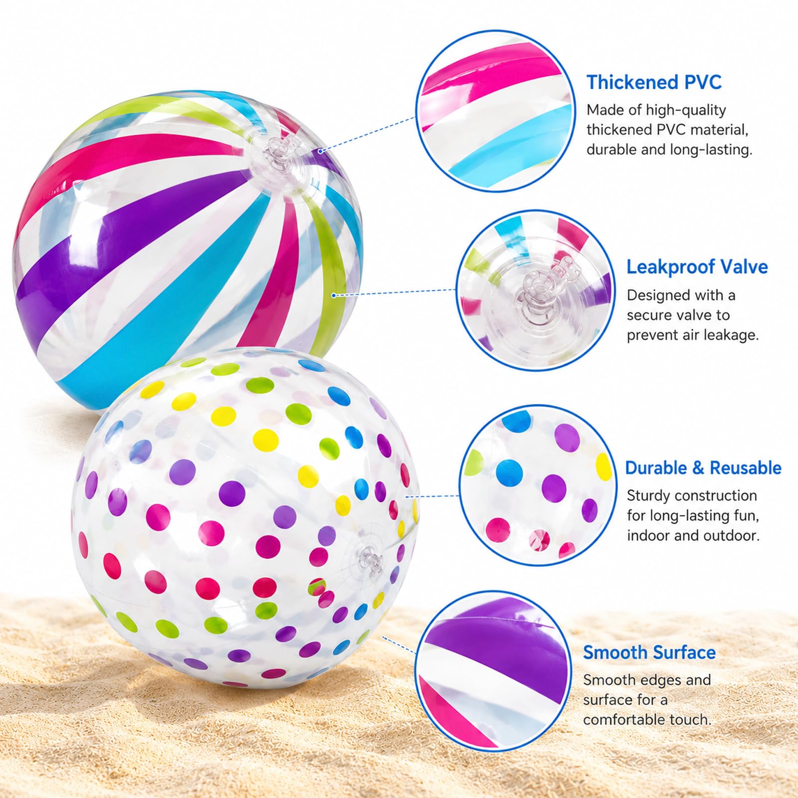 ZhouWei 4 sztuki, nadmuchiwany balon basenowy, średnica 28 cm, przenośny nadmuchiwany balon plażowy z kolorowymi paskami i kropkami, nadmuchiwana piłka plażowa dla dzieci, dorosłych, na plażę, wakacje