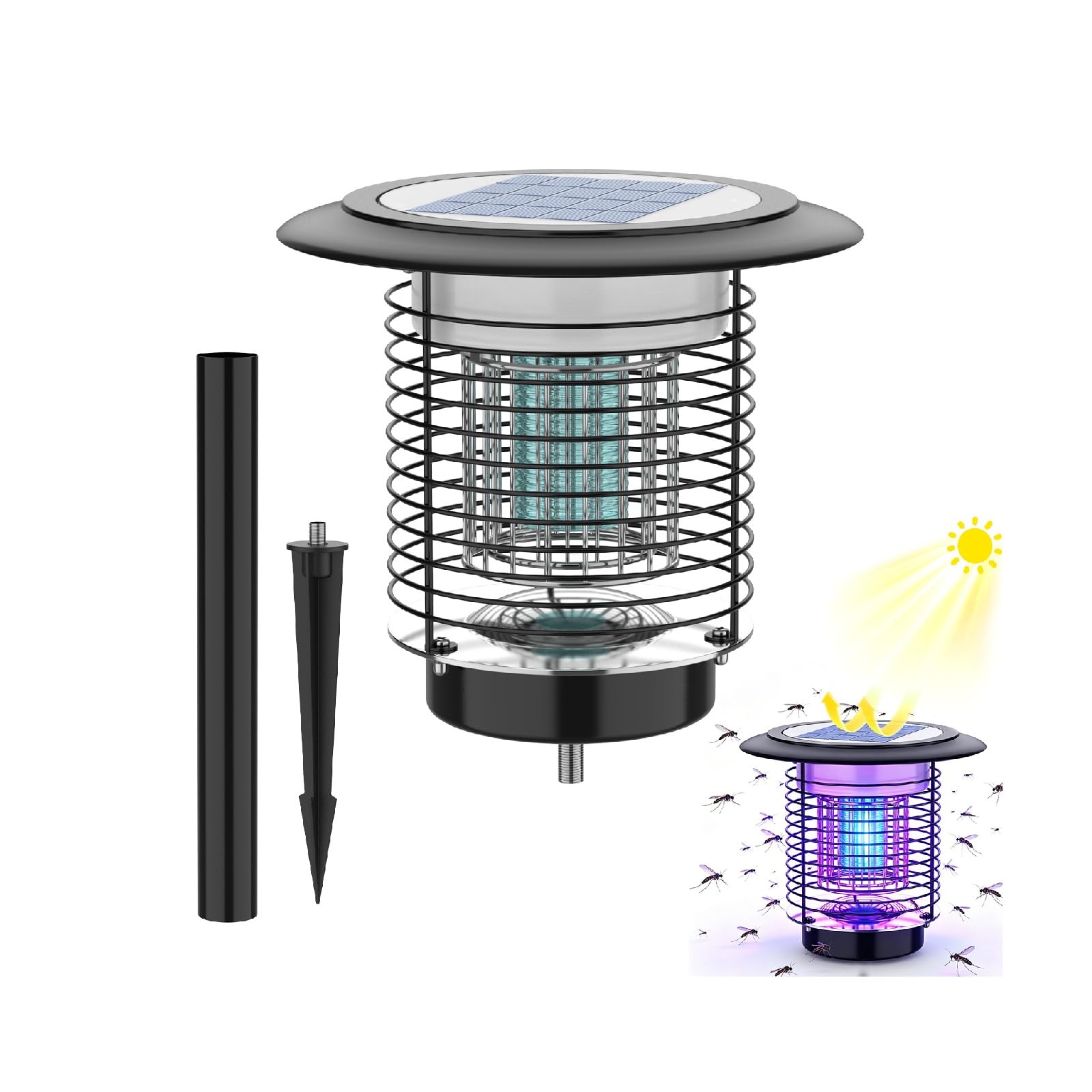 Solar Insektenvernichter Außen, Elektrische Mückenlampe mit UV-Licht, 3500V Elektrischer Mückenfalle, IPX5 Wasserdicht Gartenlampe mit Doppelladung, 150㎡ Abdeckung für Hof Garten Terrasse (A)
