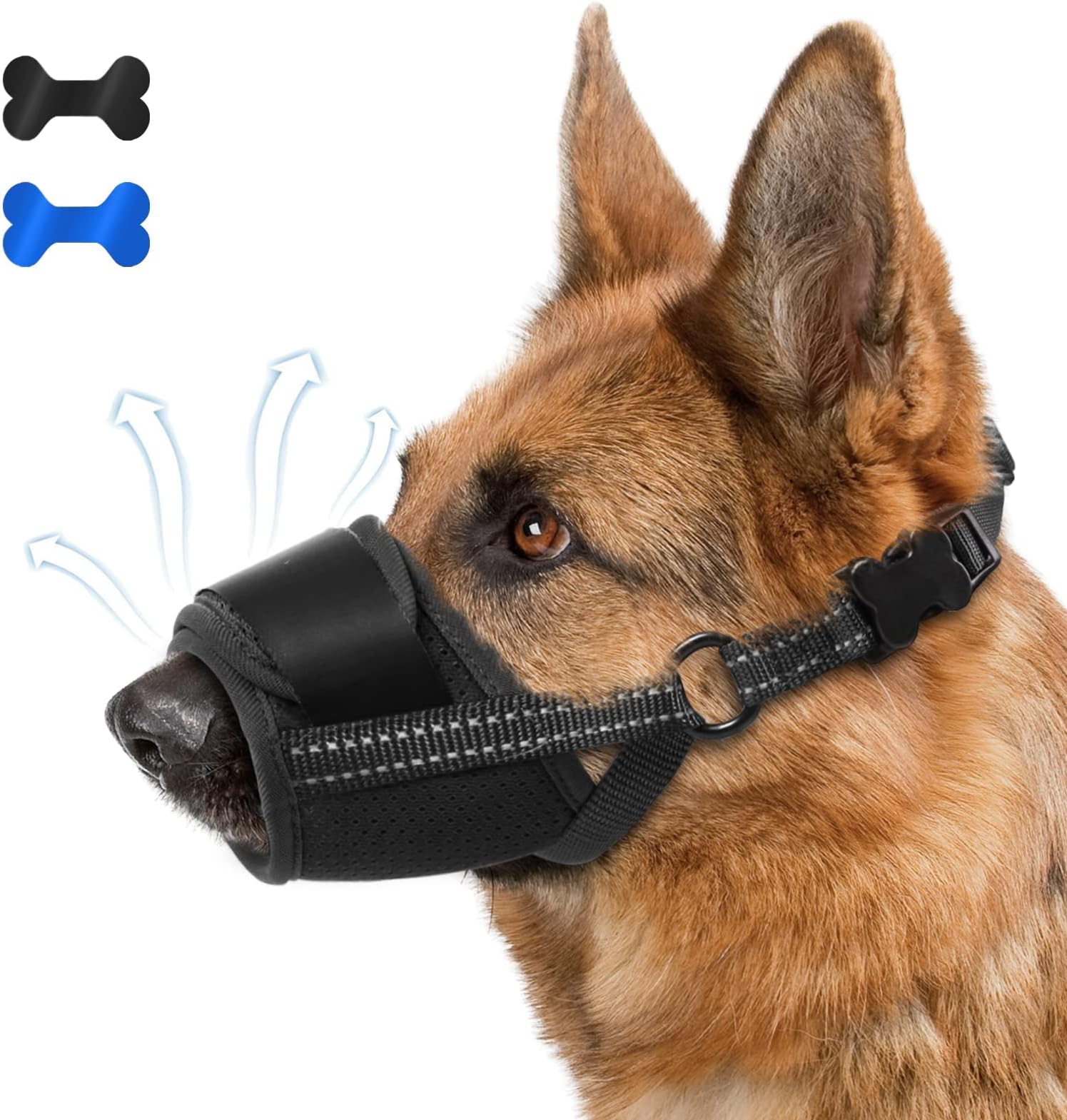 Mkery Dog Muzzle, Breathable Soft Pet Muzzle for Large Dogs Anti Biting Barking Chewing, No Bark Air Mesh Dog Muzzle with Reflective & Adjustable Strap for Small Medium Large Sized Dog（Black-XL