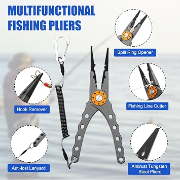 VioraWhite 8 Pieces Fishing Tools Kit Fish Hook Remover Set Include Fishing Pliers Lip Gripper Multifunction Scissors Gloves Towel Keychain Hook for Men Women Gifts