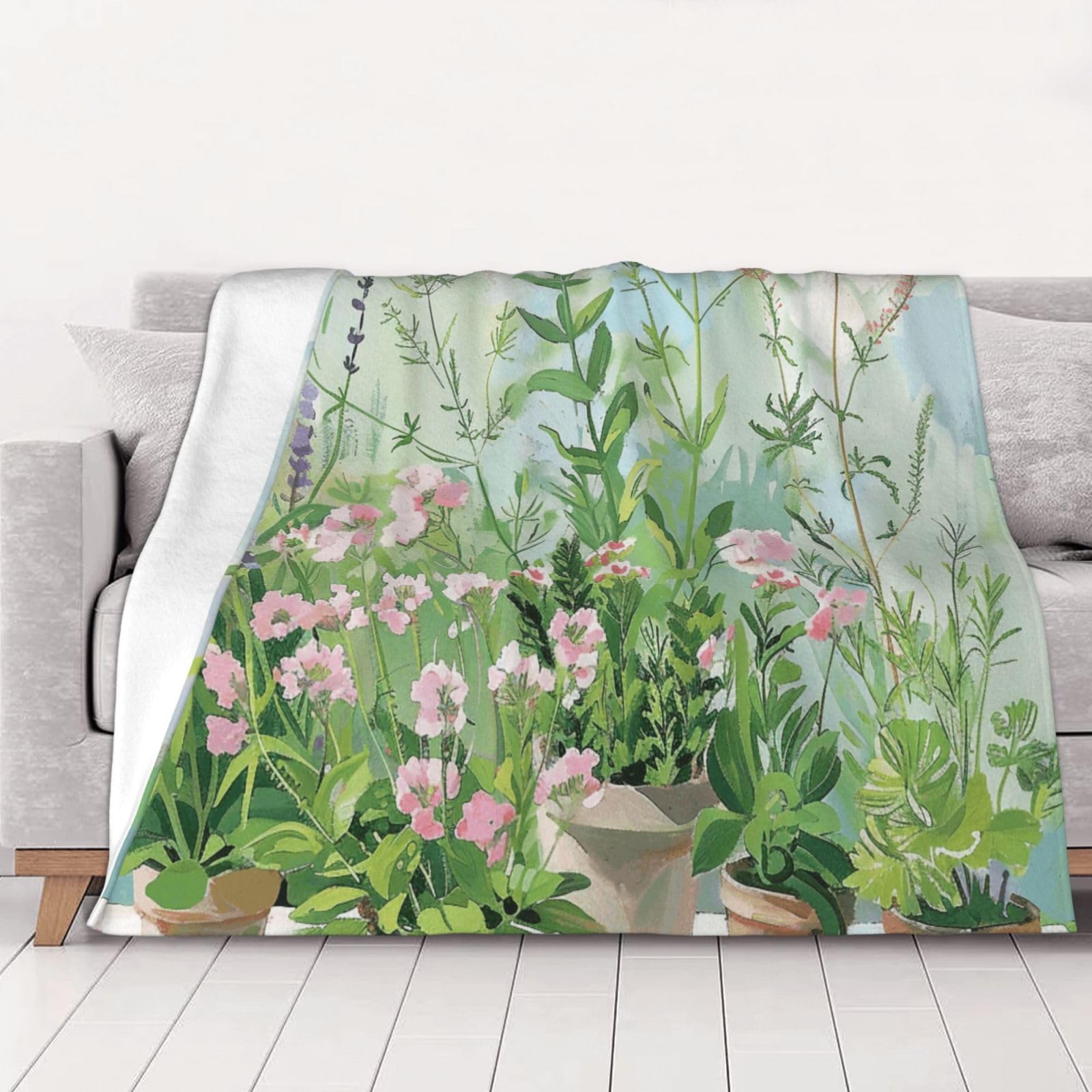 Couverture en flanelle douce pour voiture et voyage, plaid chaud imprimé herbier de printemps