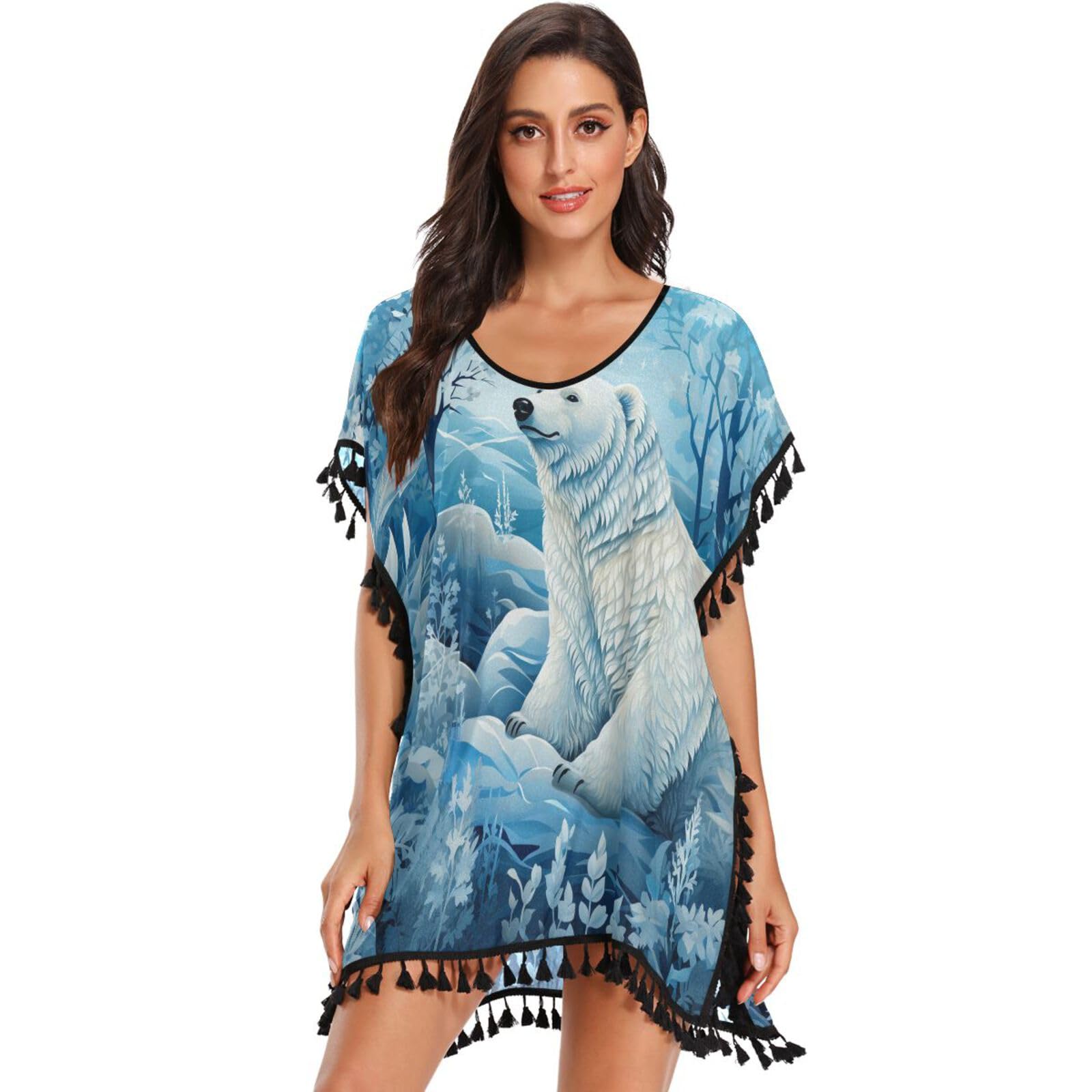 White Polar Bear Art Women's Beach Cover Up Chiffon Tassel Swimwear Swimsuit Coverups for Girl