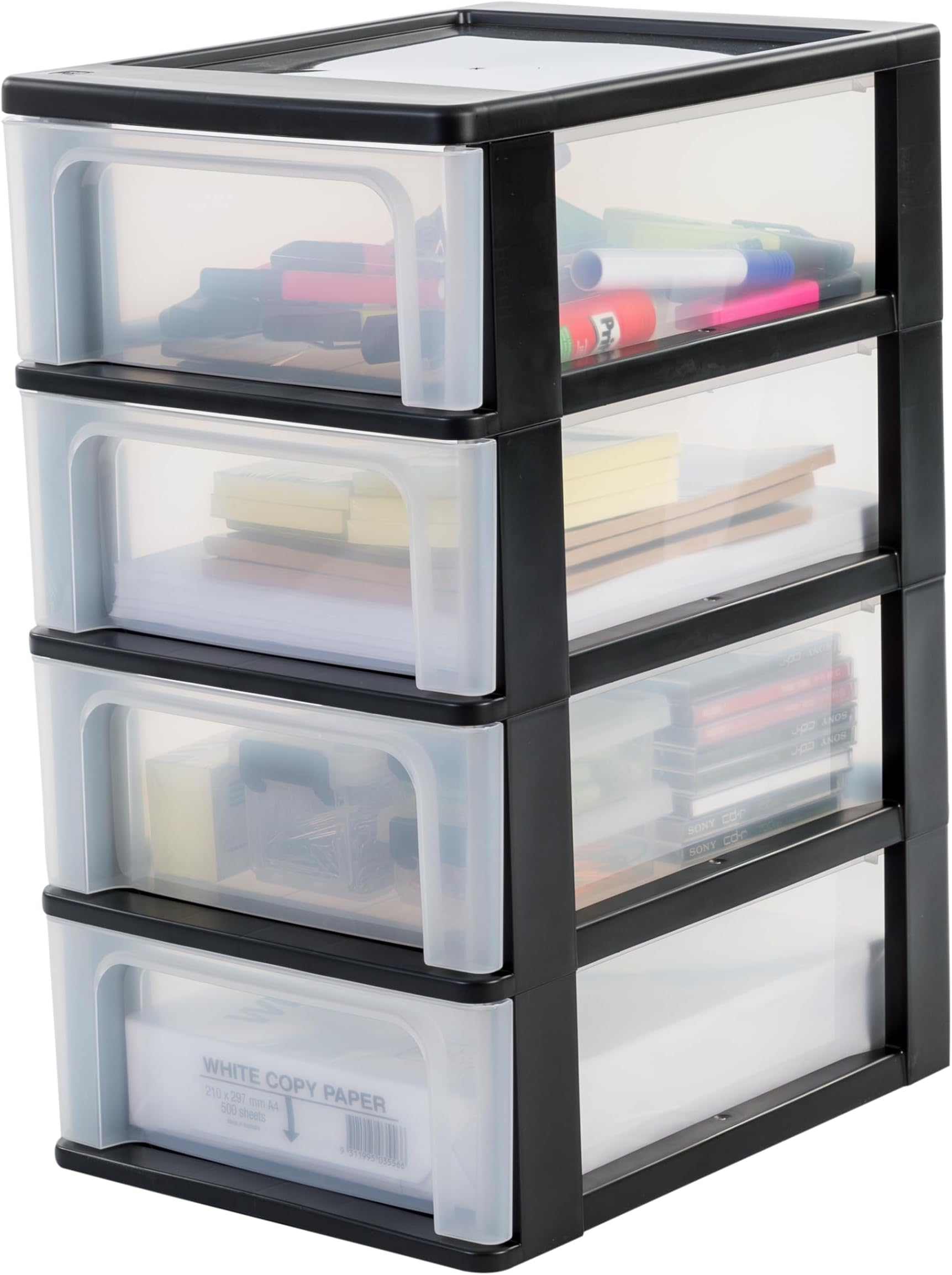 Iris Ohyama Europe OCH-2004 Plastic A-4 Drawer Chest with 4-Drawer Organiser, Black