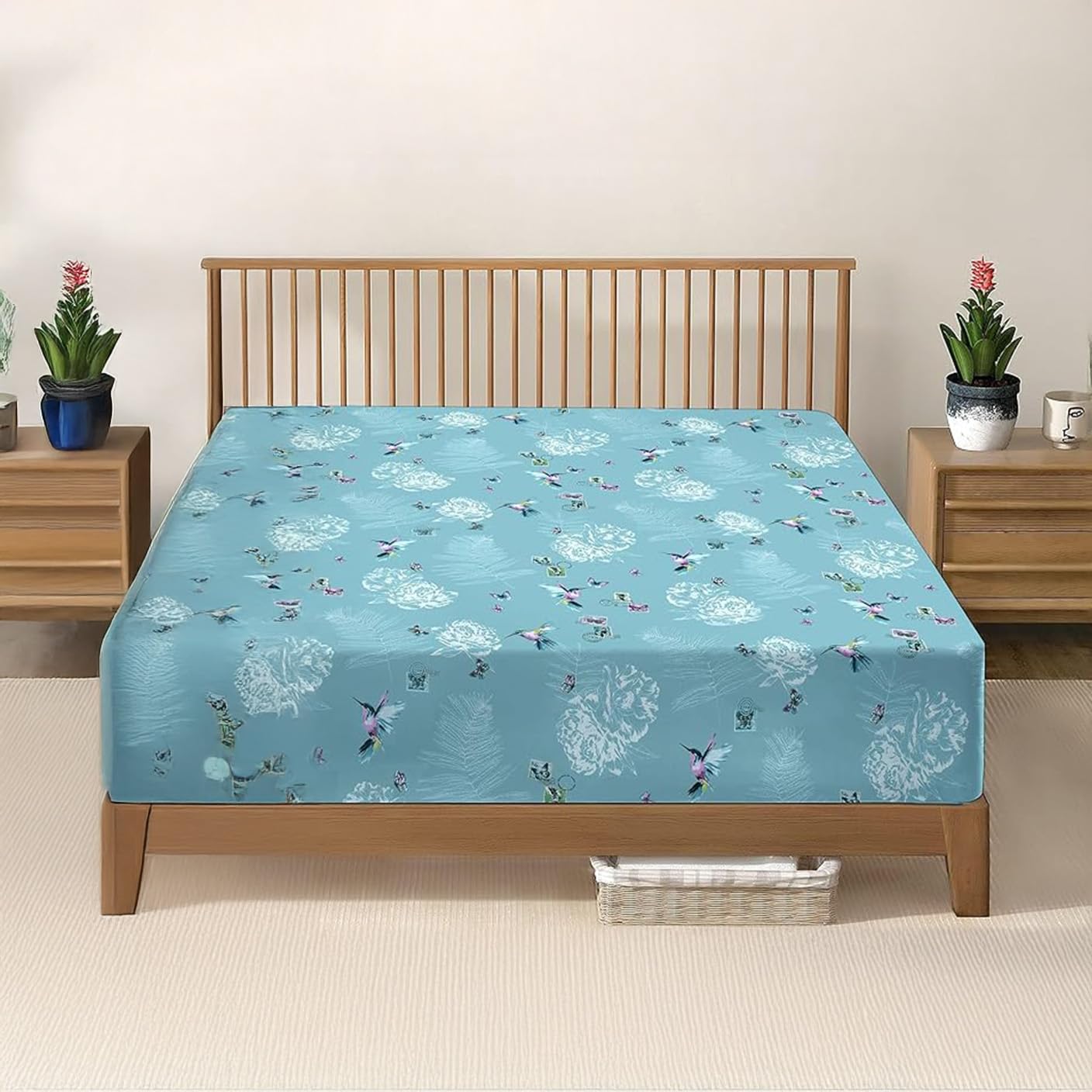 DANYDude 100% Egyptian Cotton Floral Printed Double Fitted Sheet 400 Thread Count Fitted Sheets Double Soft & Machine Washable 30cm/12” Extra Deep Fitted Bed Sheets Room Decor
