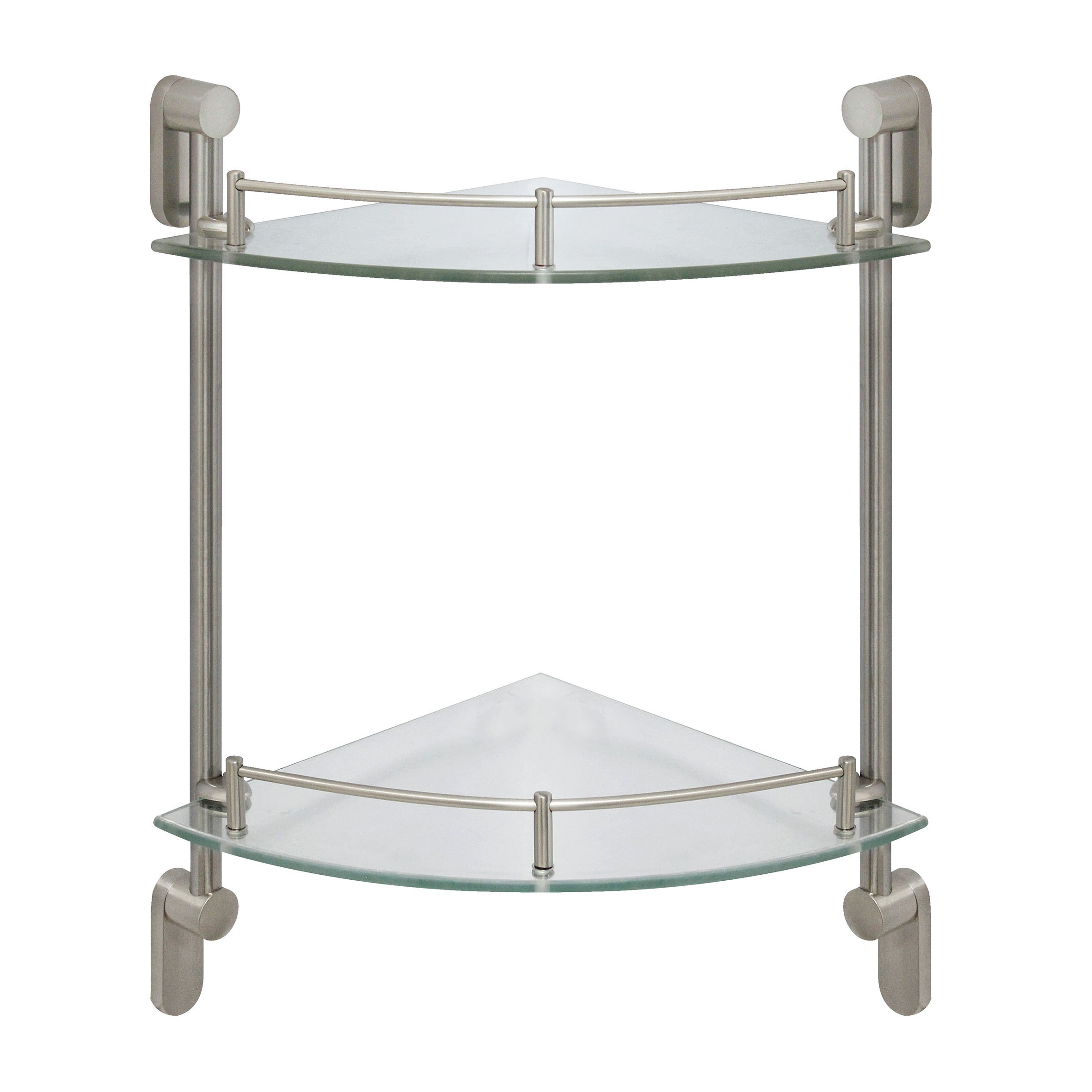 MODONA Double Corner Glass Shelf with Pre-Installed Rail - Satin Nickel - Oval Series - 5 Year Warrantee