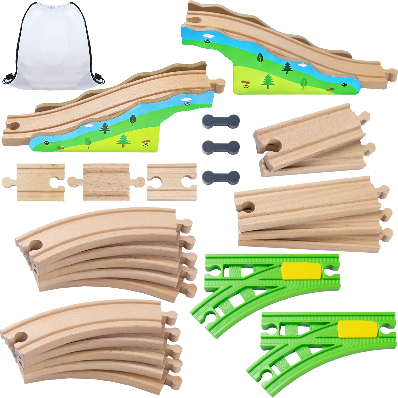 Kit de rails en bois, compatible avec tous les accessoires de chemin de fer en bois et rails en bois, robustes et durables, kit d'extension pour modélisme, jeu créatif pour enfants à partir de 3 ans