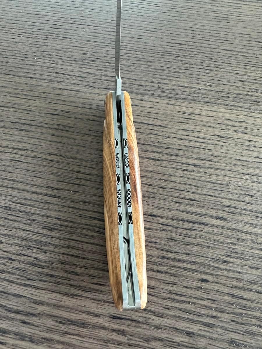 Laguiole en Aubrac Handmade Luxury Folding Pocket Steak Knife, 4.75-in (12cm), With Special Carving On Stainless Steel Plates, Full Olive Wood Handle