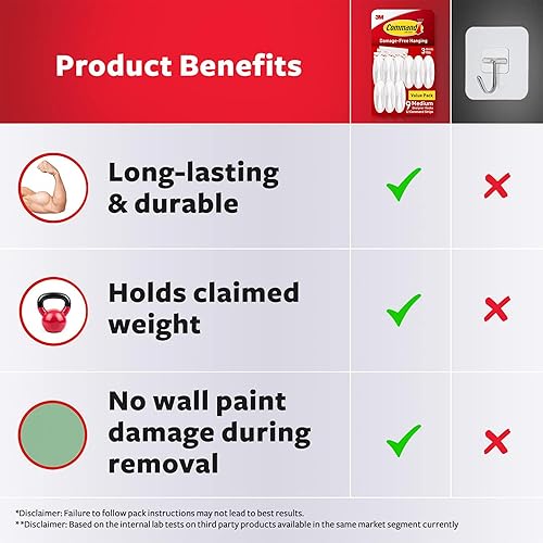 Miniatura 8 de Command Ganchos de pared para colgar sin daños medios con tiras adhesivas, no requiere herramientas para colgar decoraciones en espacios de vida, 18