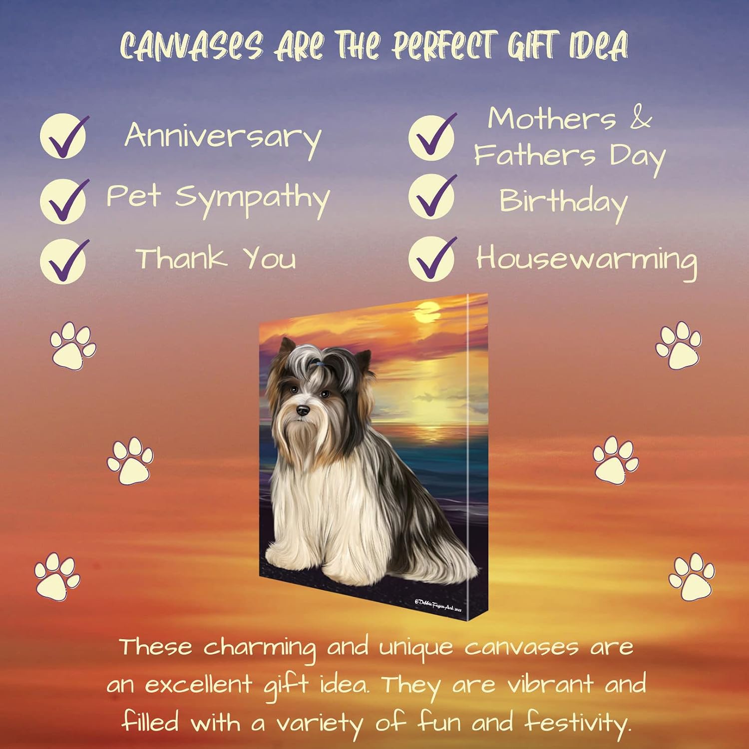 Sunset with Biewer Terrier Dogs Canvas Wall Art - Premium Quality Ready to Hang Room Decor - Black Floating Framed 16" x 24"