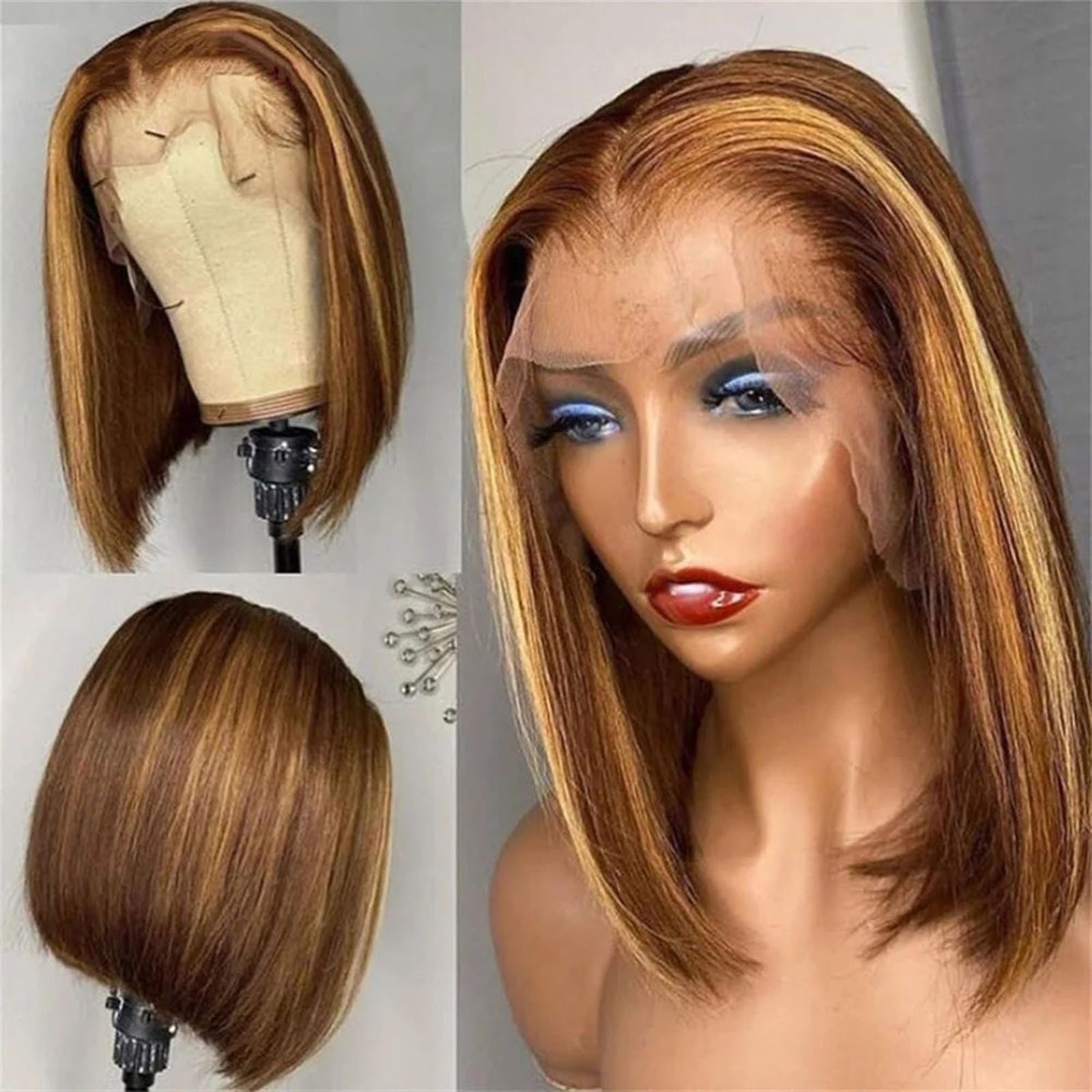 Perücken Highlight Lace-Front-Perücke, Echthaar, 4/27 Ombre, glattes Haar, Spitzenperücke, 13 x 4 x 1, T-Teil, Lace-Frontal-Perücken, brasilianisches Remy, vorgezupft, mit Babyhaar Frauen Perücke (Si