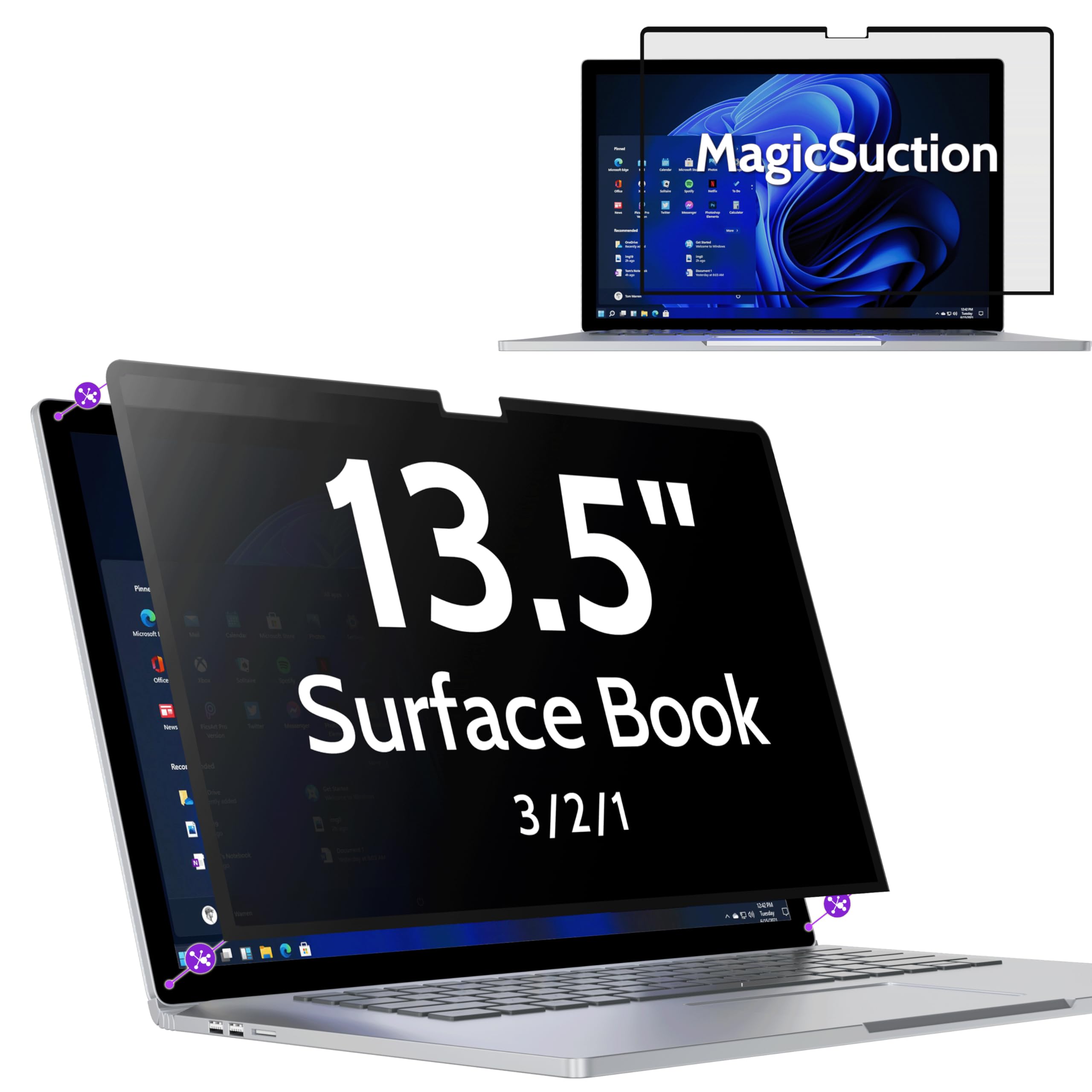 Peslv Privacy Screen for 13.5 Inch Surface Book 3/2/1, MagicSuction™ Removable Anti Spy Black Protector, Glare Blue Light Filter for Microsoft Laptop Computer Monitor