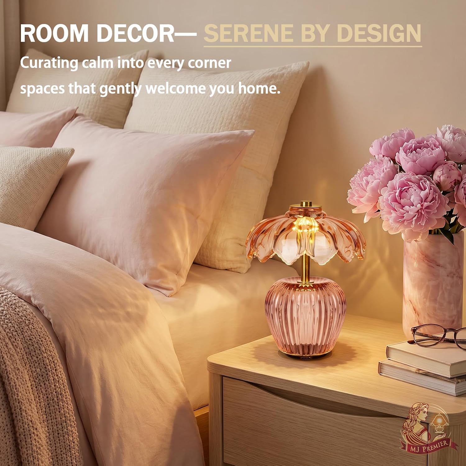 MJ PREMIER Rechargeable Table Lamp, Cordless Lamp with Timer, Crystal Glass Flower Lampshade, Small Table Lamps, Decorative Led Light for Bedroom Living Room Shelf (Pink)