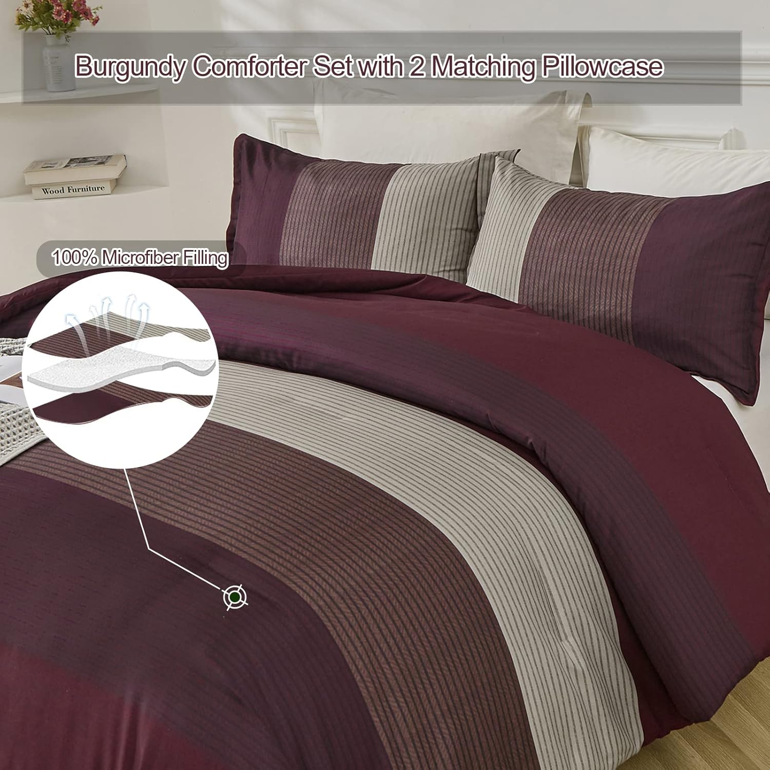 WONGS BEDDING Burgundy Comforter Set Queen, Reversible Burgundy Stripe Down Alternative Comforter for All Season,3 Pieces(1 Comforter+2 Pillowcases), Soft Microfiber Bedding Duvet Set 90”×90” - Image 4