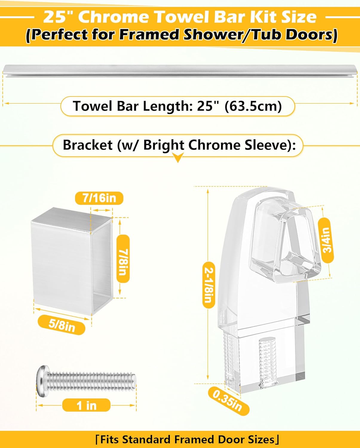 iwiwe 25" long chrome framed sliding shower door towel bar kit - clear acrylic brackets with bright chrome sleeve, replacement for alumax/basco framed sliding glass shower door towel rod 25" chrome towel bar (w/clear brackets)