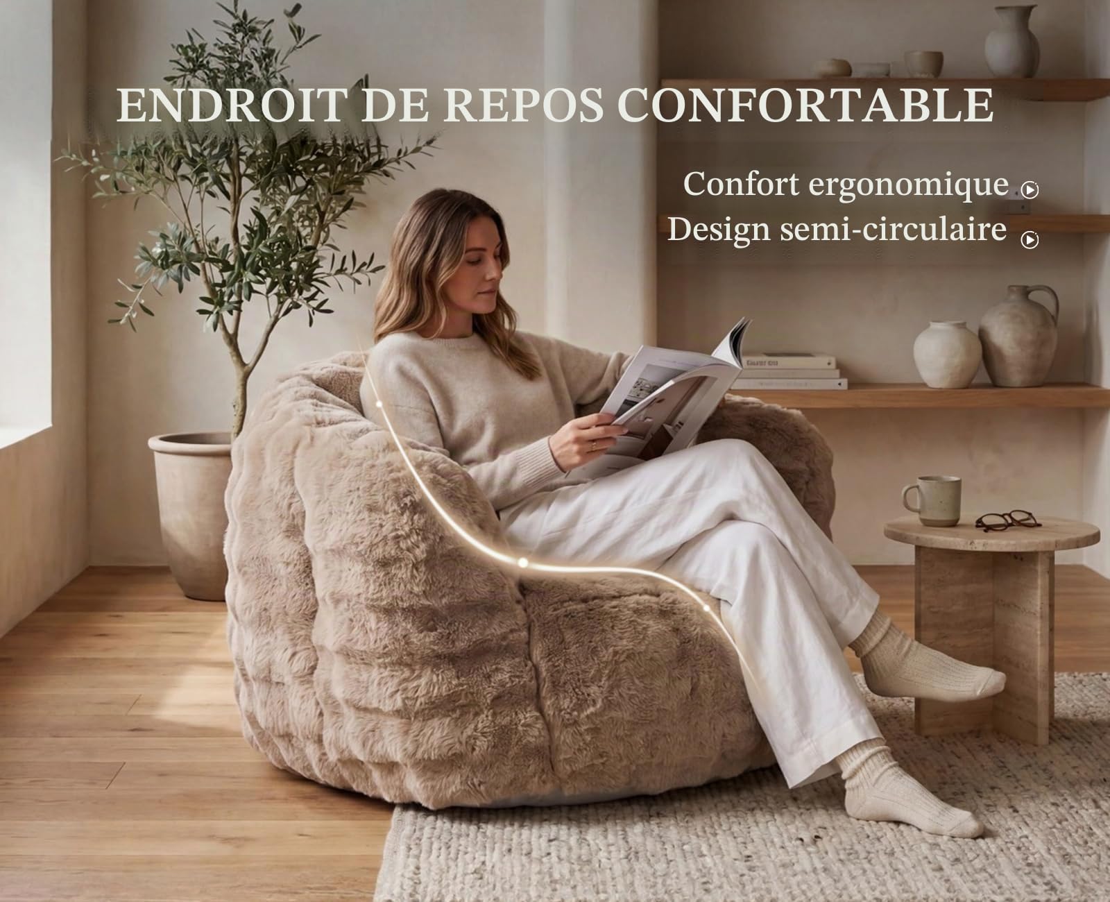 Pouf Salon Confortable, Pouf Poire Large avec Accoudoirs, Kaki | Fauteuil Poire Géant Moderne en Fausse Fourrure de Lapin Douce, Fauteuil Design pour Salon/Chambre