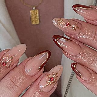 French Tip Press on Nails Almond Fake Nails with Glue Rhinestones Gem Red Nails press on Acrylic Nails Swirl 3D Glue on Nails Medium Length Gold False Nails Natural Reusable Stick on Nails for Women