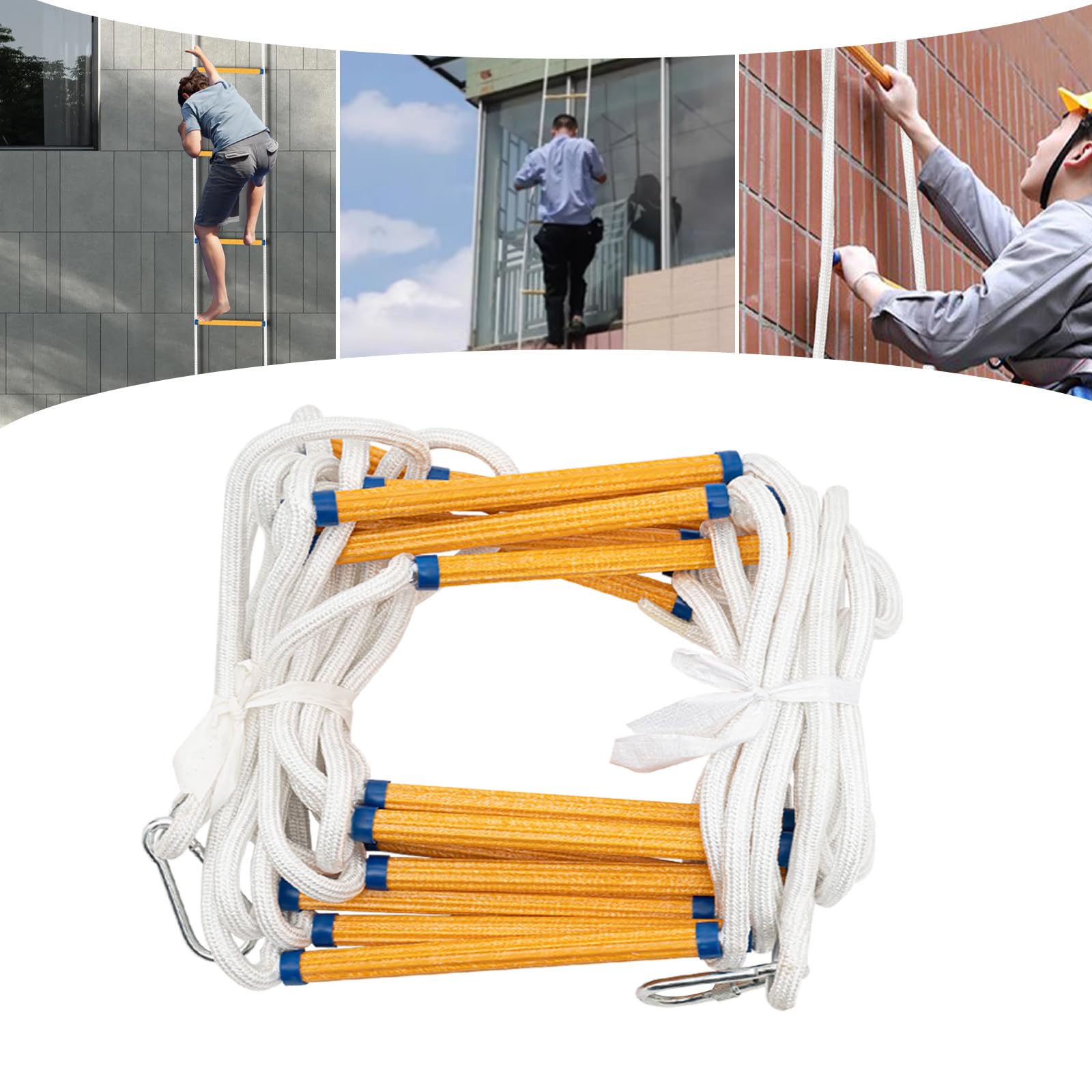 Échelle de secours ignifuge pour lutte contre l'incendie - 10 m - 200 kg - Capacité de charge : 440,9 kg - Utilisation polyvalente - Corde épaisse - Échelle épaissie - Crochet et boucle en plastique