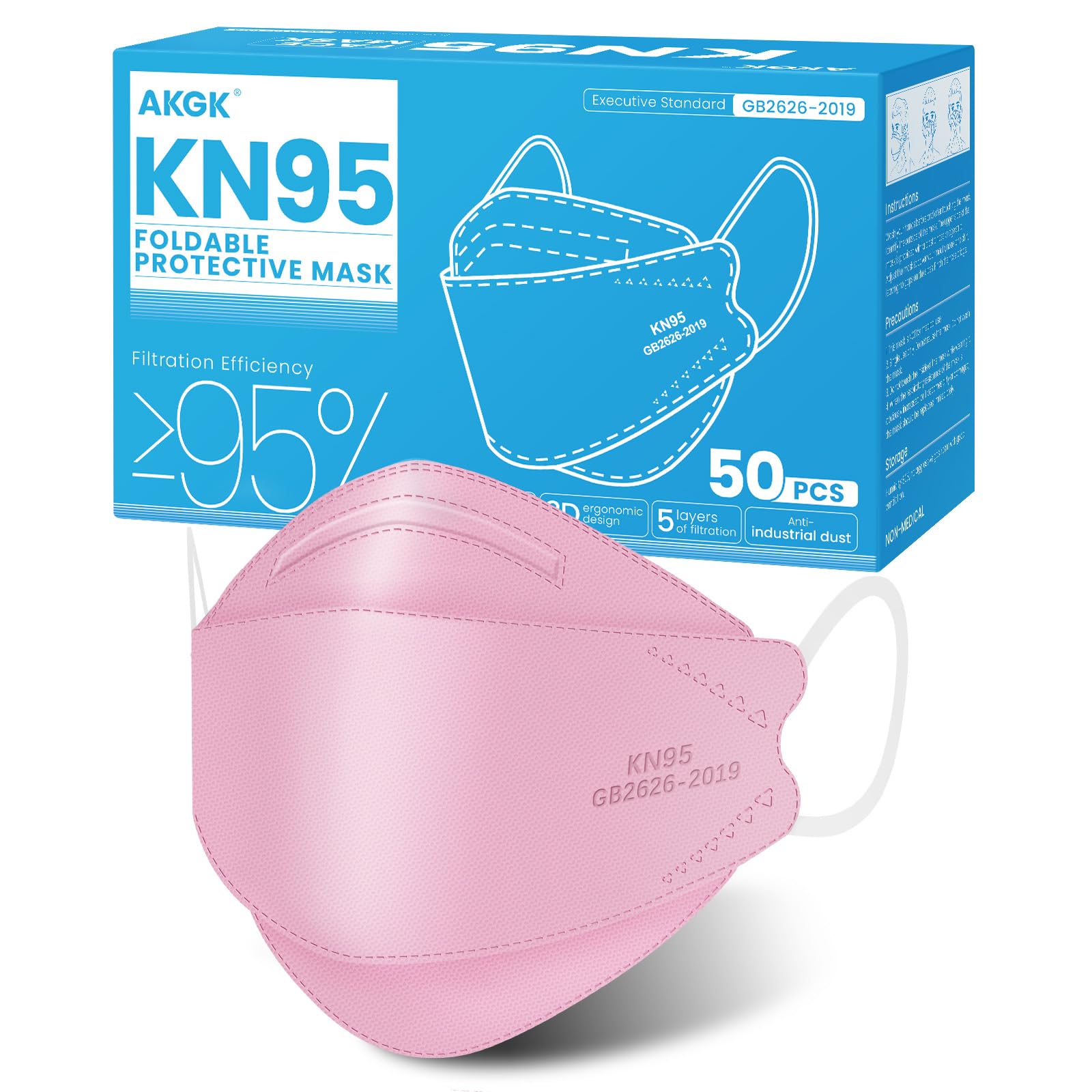 akgk KN95 Face Masks 50 Pack, 5-Ply Disposable Pink Face Mask Against PM 2.5 Smoke and Dust