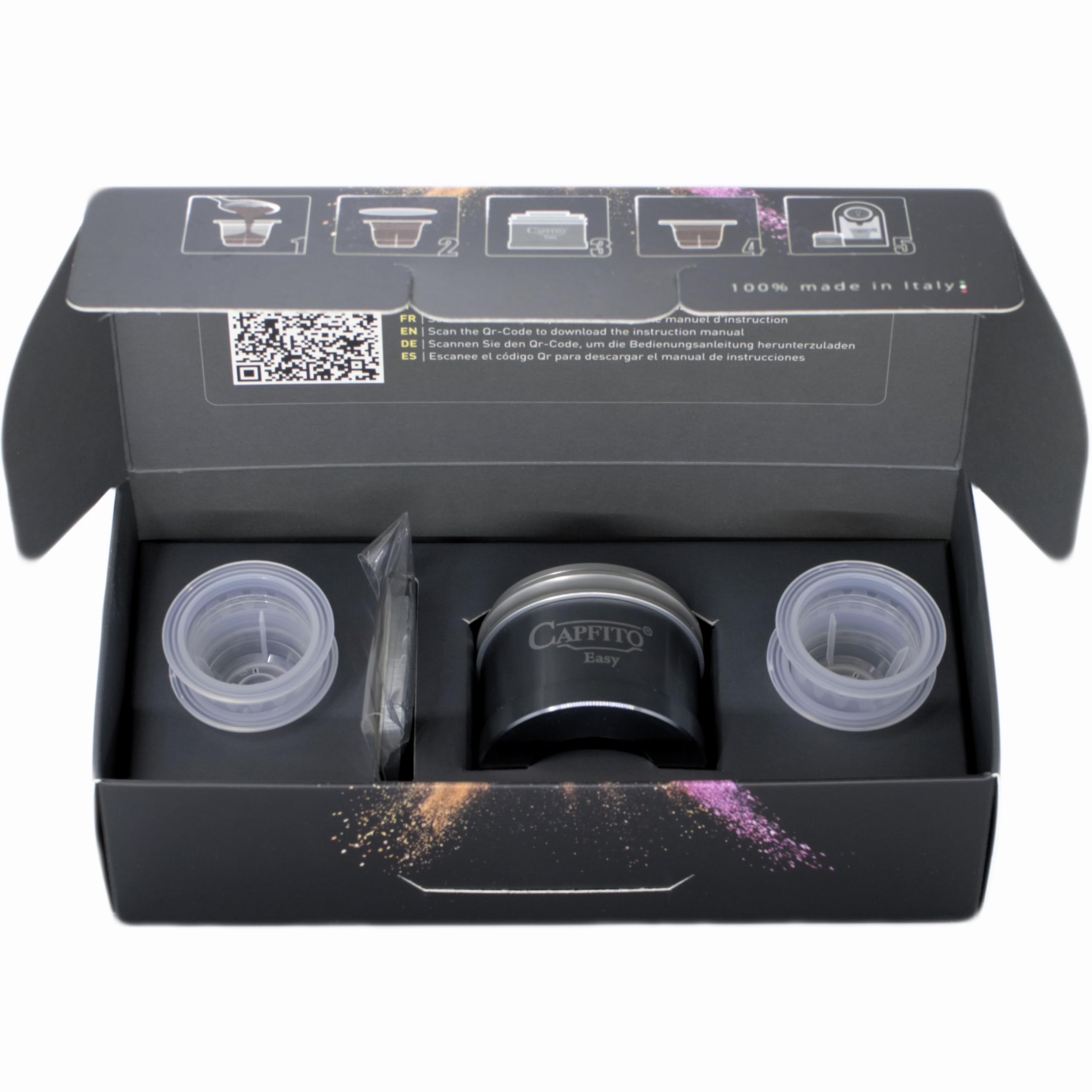 Easy Kit, Cápsula Reutilizable Máquinas Compatible para Nespresso (Original), [1 Capfito Easy + 4 Cápsulas de polipropileno Reutilizables +100 Discos Aluminio] (Gris)