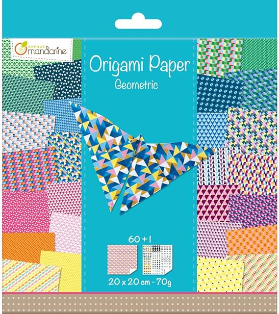 Avenue Mandarine - Ref 52501MD - Origami Sheet Pack - Geometric Patterns - 60 Fully Printed Sheets, 20 x 20cm, Eye Sticker Sheet Included, 70gsm Paper, Suitable for Ages 7+