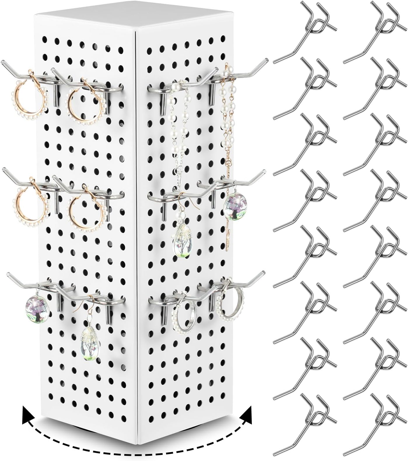 Geelin Rotating Countertop Display Kit with 16 Peg Hooks Four Sided Pegboard Spinner Organizer 4 x 4 x 12 Inches Retail Display Racks Revolving Metal Countertop Display for Keychain Supplies (White)