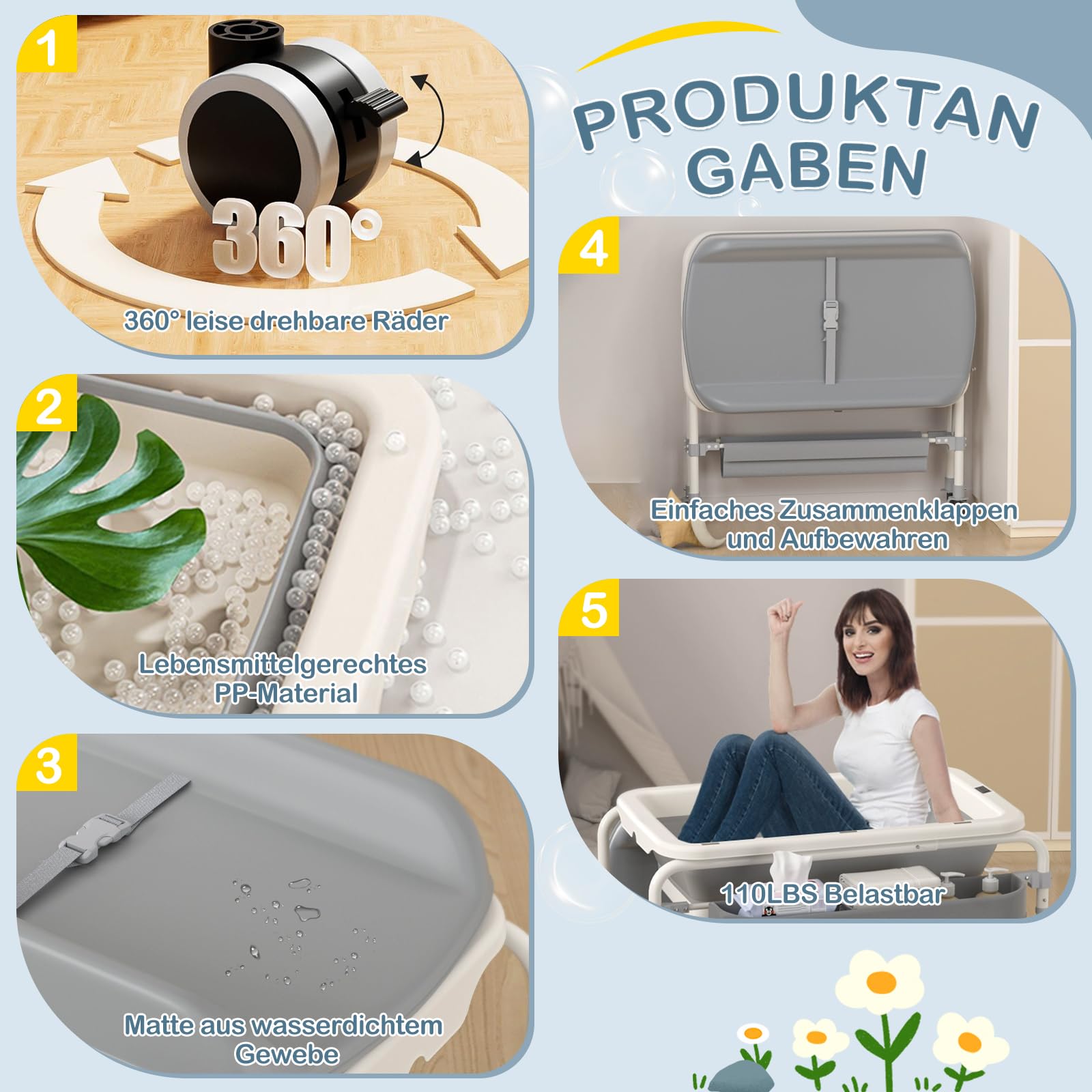 Wickeltisch für Babys mit Badewanne, mit 4 360° geräuschlosen Rädern, wasserdichter mobiler Wickeltisch mit Ablagekorb, klappbar, max. Belastbarkeit 50 kg, geeignet für 0-36 Monate