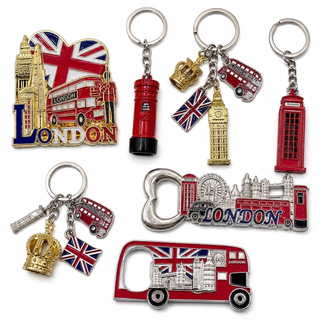 Mighty Majesty London Souvenir Gift Set – Metal Keychains, Fridge Magnet & Bottle Openers – 7 Piece British Landmark Collection – Big Ben, Union Jack, Red Bus