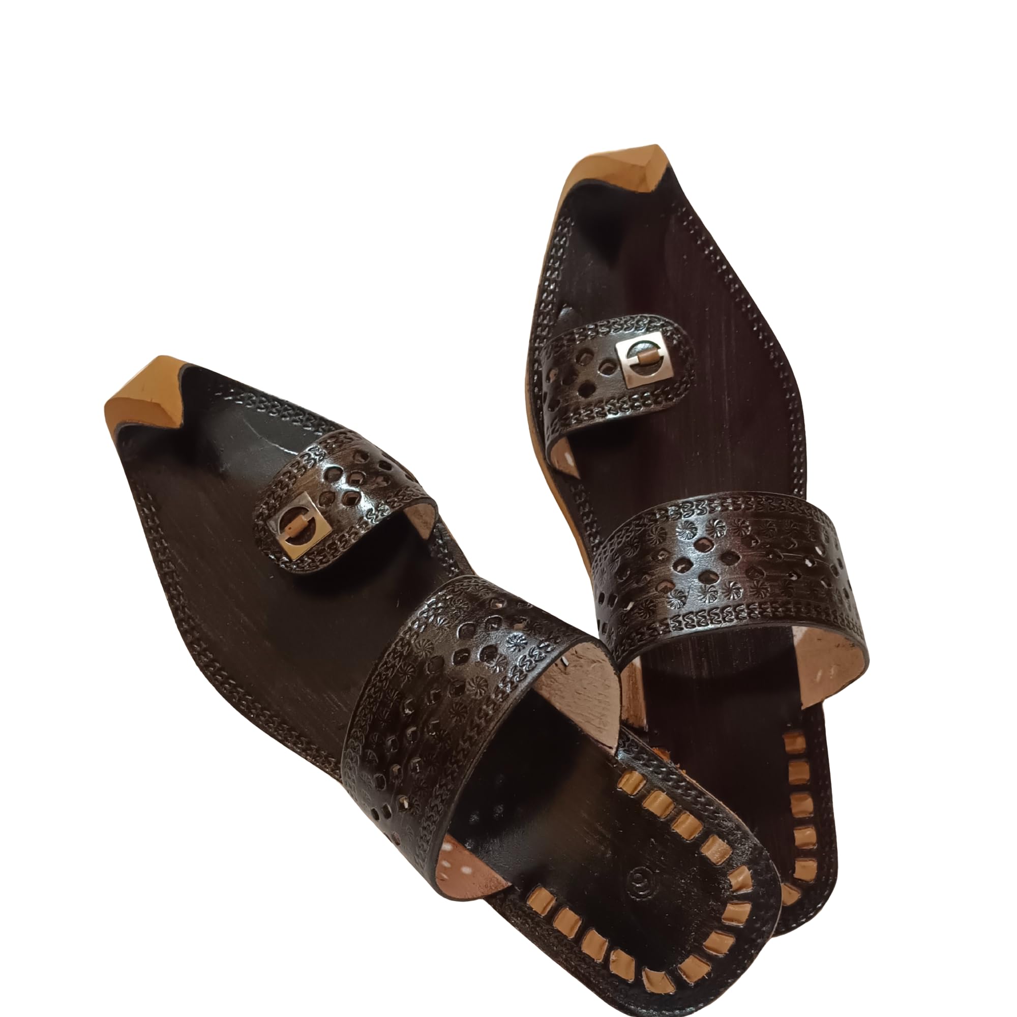 Maharaja Kolhapuri Brown Leather Chappal, Traditional Mojari Style Sandals with Perforated Design, Orange Sole