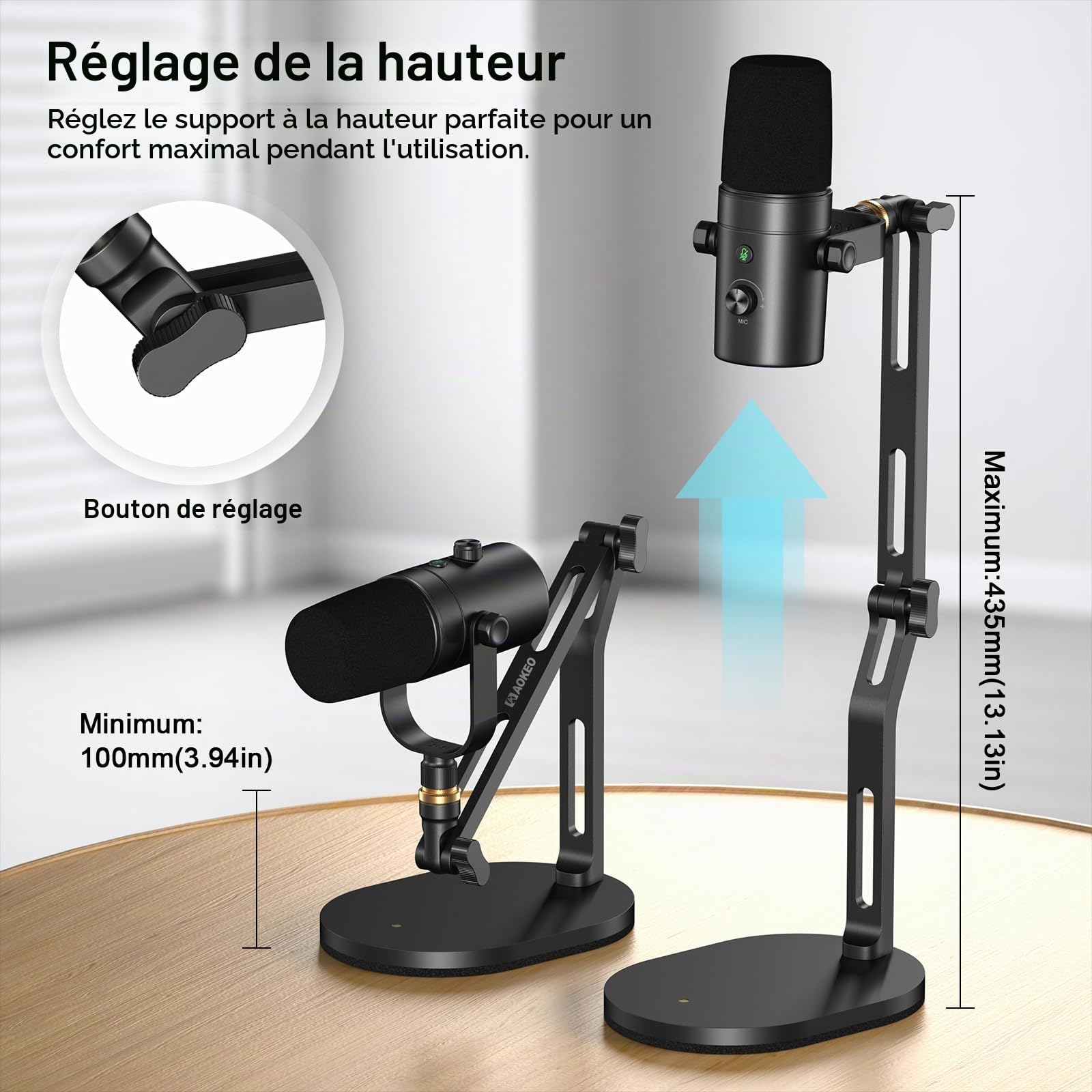 Aokeo support de Micro pour bureau, bras micro avec adaptateur 3/8" vers 5/8", compatible avec Blue Yeti, HyperX QuadCast, SoloCast, Shure SM7B, MV7X