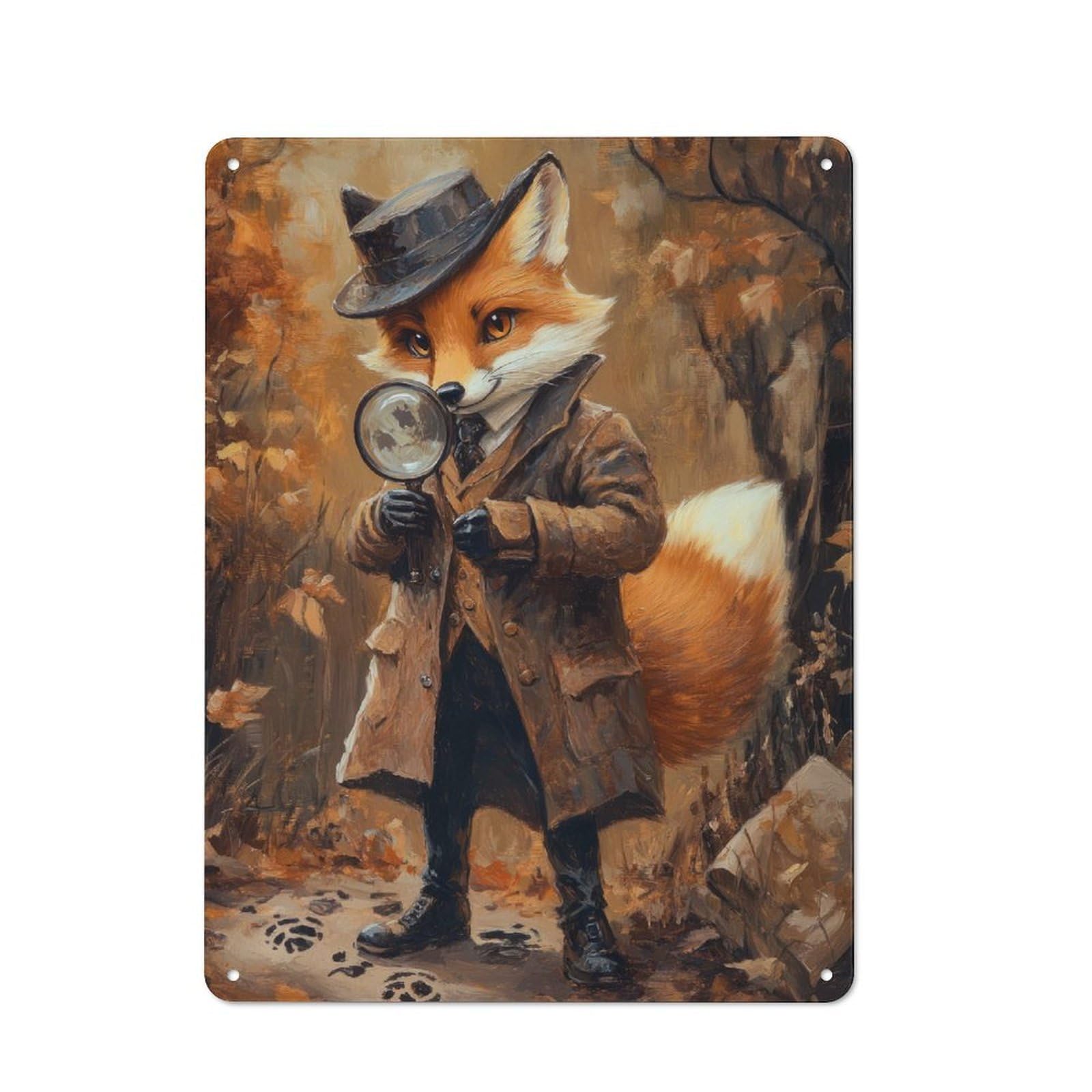 Junmoney Fox Detective Tin Wall Plaque With Design 40X30cm, Farmhouse Rustic Kitchen Decor For Dining Room, Cafe, Entryway Or Family Room