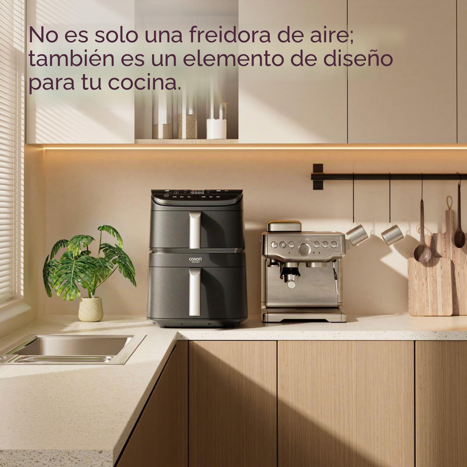Cosori Air Fryer Turbo Tower 10,8L, Freidora sin aceite con 2 cajones, 3 niveles de cocción, 6 en 1, diseño compacto y apilable, 41 por ciento menos grande que los Airfryer Tradicionales, 300+ recetas