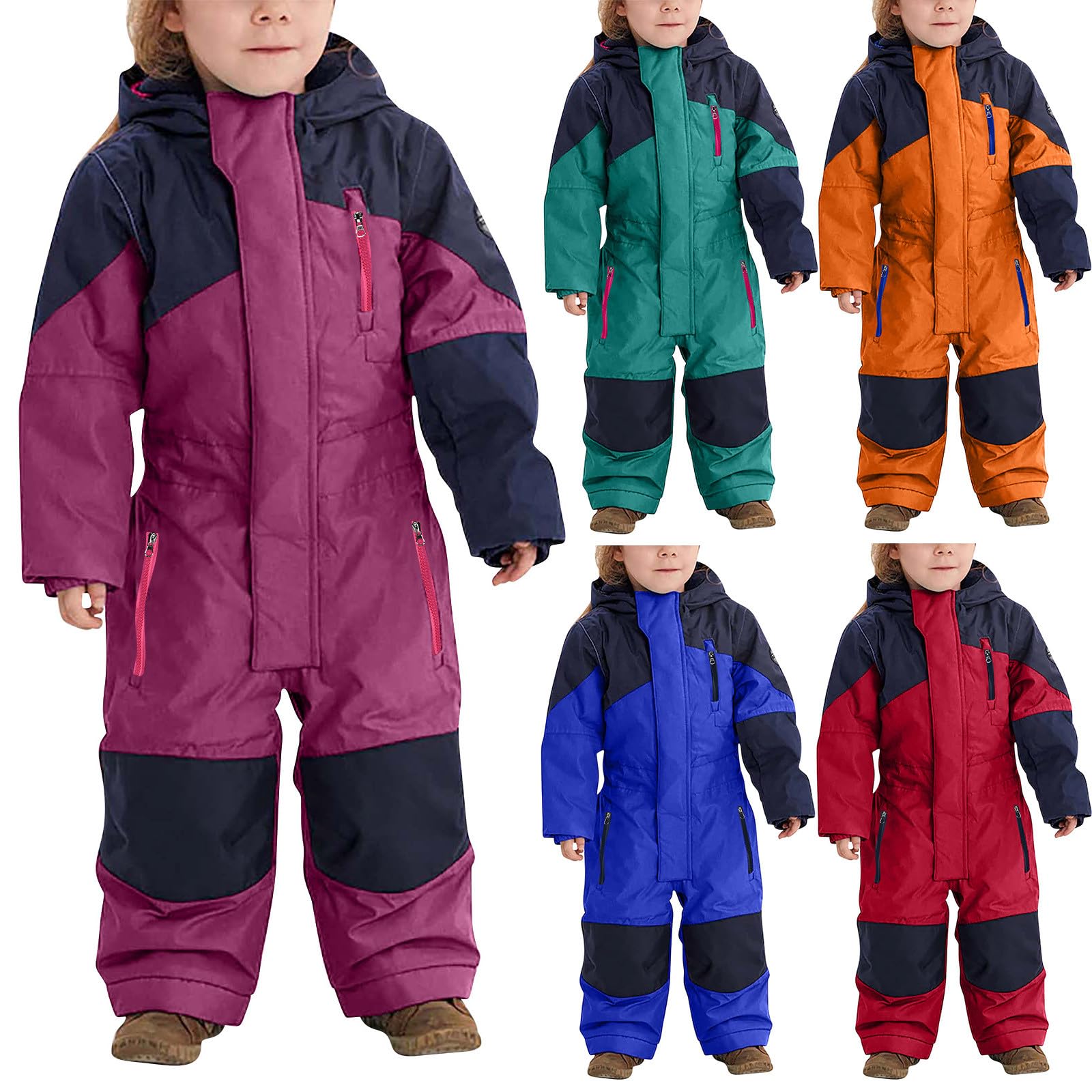 Generisch Unisex Kinder Schneeanzug Wasserdicht Winddicht Skianzug mit Kapuze und Tasche Schneeoverall Klassisch Atmungsaktiv KinderOverall Jungen Mädchen Skioverall Outdoor Softshellanzug