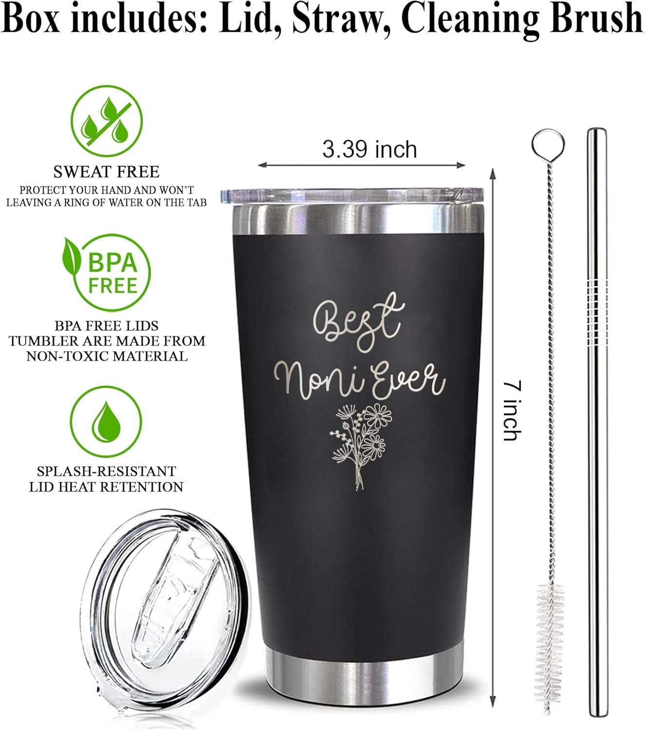 Best Noni Ever Tumbler - Floral Noni Mug - Noni Mug - Gift For Noni - Mother's Day Gift - Noni Coffee Mug - Stainless Steel Tumbler 20Oz - Image 2