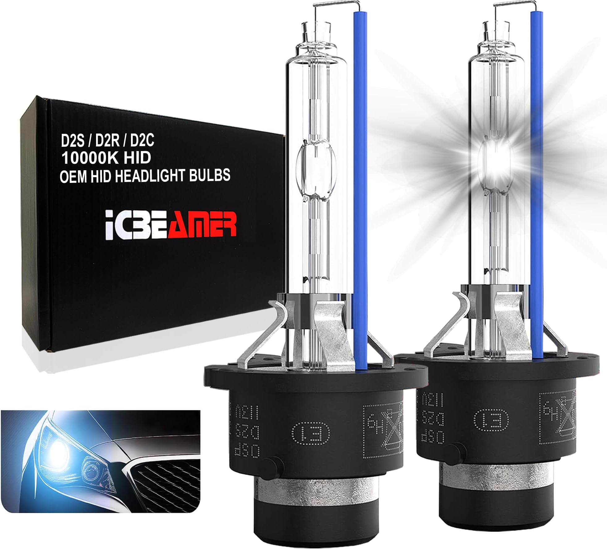 ICBEAMER D2S HID Xenon Headlight Bulbs 35W 10000K Blue 3200 Lumens โ Direct OEM Replacement for 66040 66240 85122 โ Low Beam HID โ Pack of 2