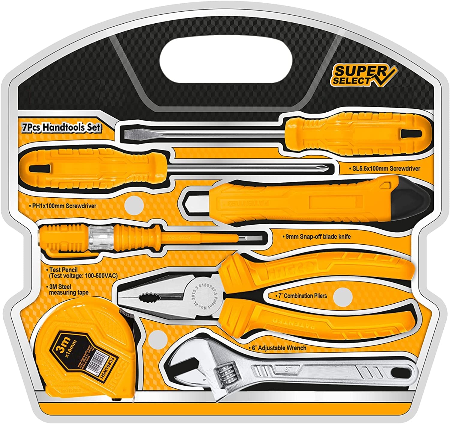GSK Cut® Hand Tool 7-Pieces Set including 7-inch combo pliers, tester, adjustable wrench, snap blade, SL5.5 & PH1 screwdriver, measuring tape