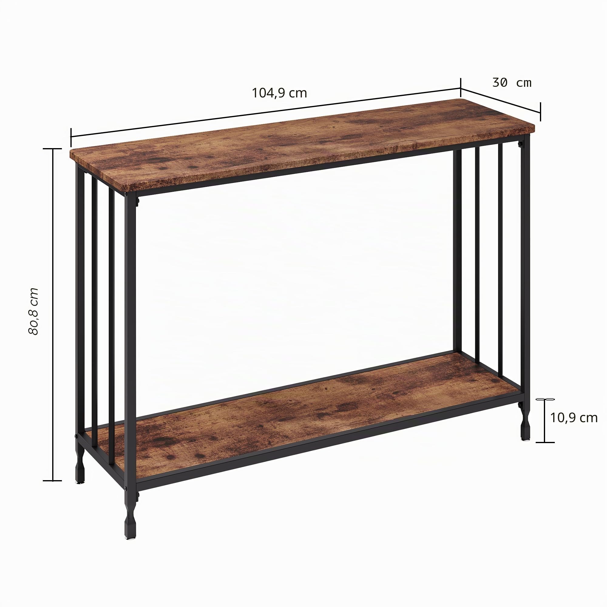 Konsolentisch Schmal mit Ablagen, Beistelltisch 105 x 30 x 81 cm Vintage Flurtisch Kleiner Ausstellungstisch Metall Sofatisch Industrieller Langer Eingangstisch für Eingang, Flur, Dunkelbraun-Schwarz