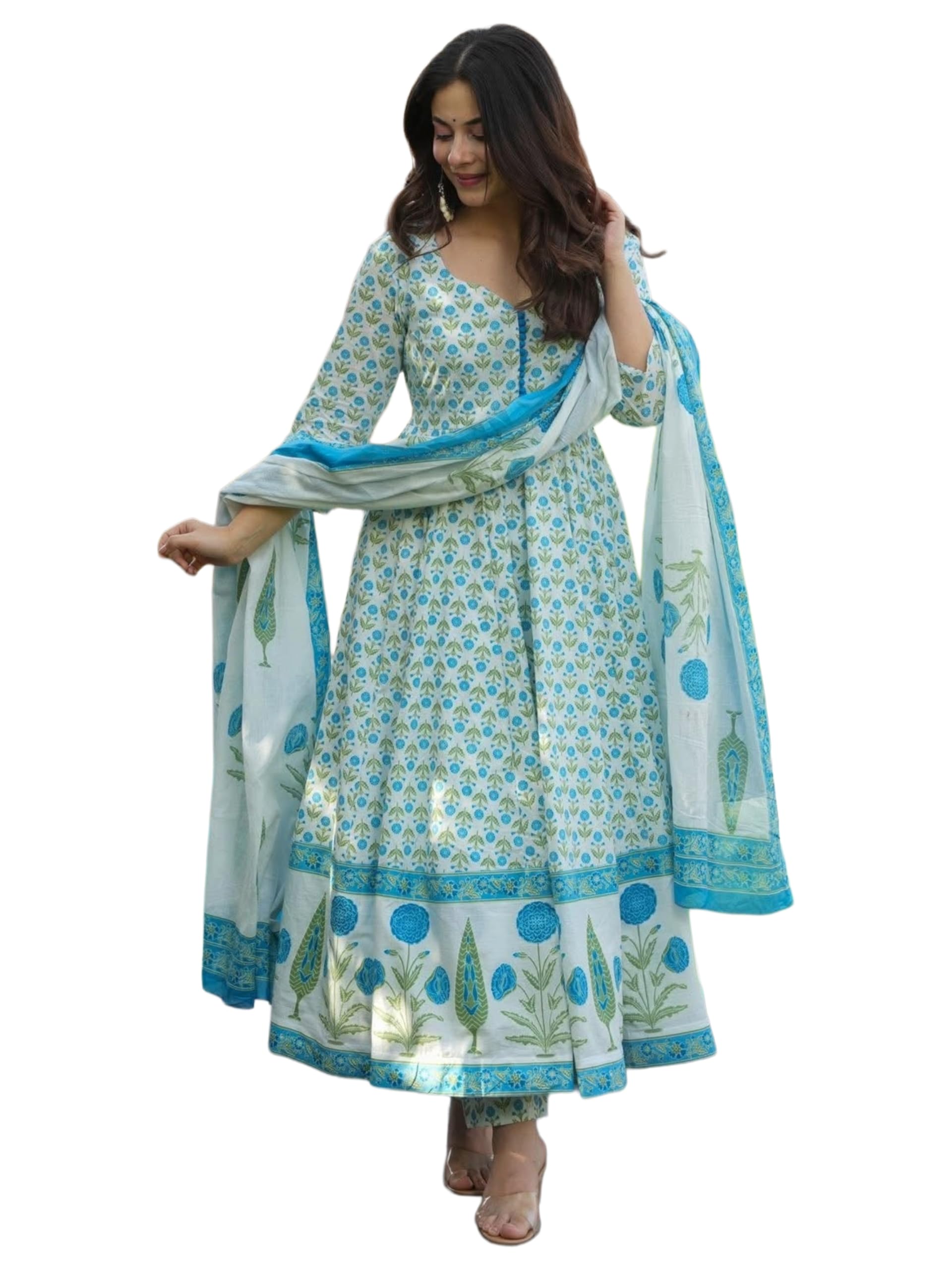 gosriki Women's Rayon Viscose Printed Anarkali Kurta with Pant & Dupatta | Anarkali Suit for Women | Pure Cotton Suit Set for Women | Block Print Kurta Palazzo Dupatta Set-picture-24