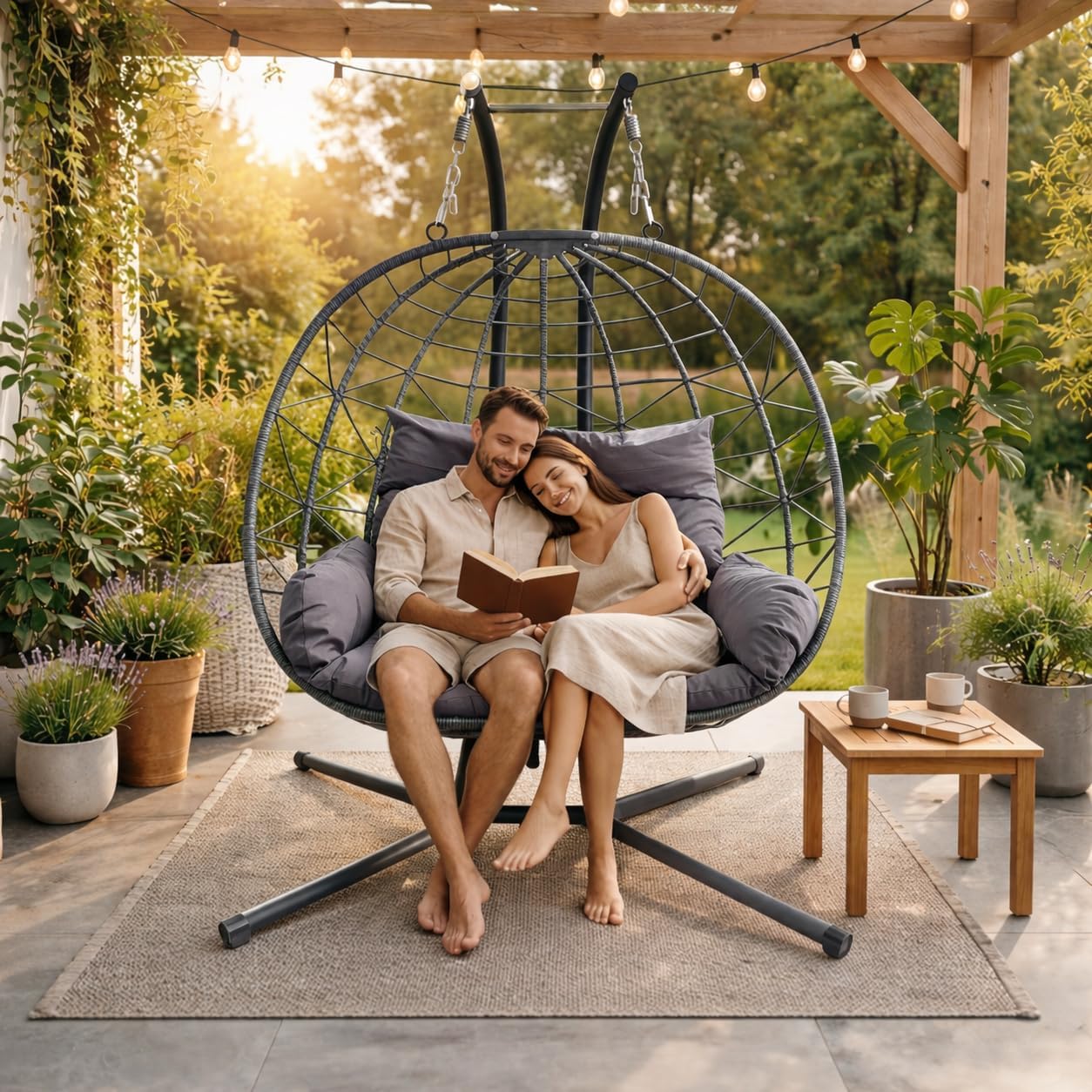 Double Hanging Egg Chair wth Stand, Egg Chair Outdoor with Cushion Loveseat for Bedroom, Balcony, Garden, Indoor, Outdoor, Grey