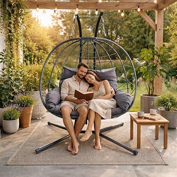 Double Hanging Egg Chair wth Stand, Egg Chair Outdoor with Cushion Loveseat for Bedroom, Balcony, Garden, Indoor, Outdoor, Grey