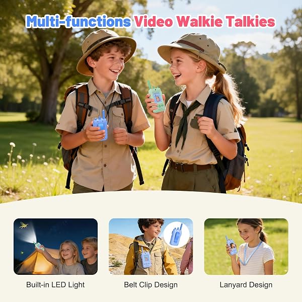 Walkie Talkie para Niños(Set de 2),Walkie Talkies Recargables con Videollamada,Largo Alcance de 400 m, Clip para Cinturón y Linterna LED,Juguete Regalo de Cumpleaños para Niños y Niñas de 3 a 12 Años - 3