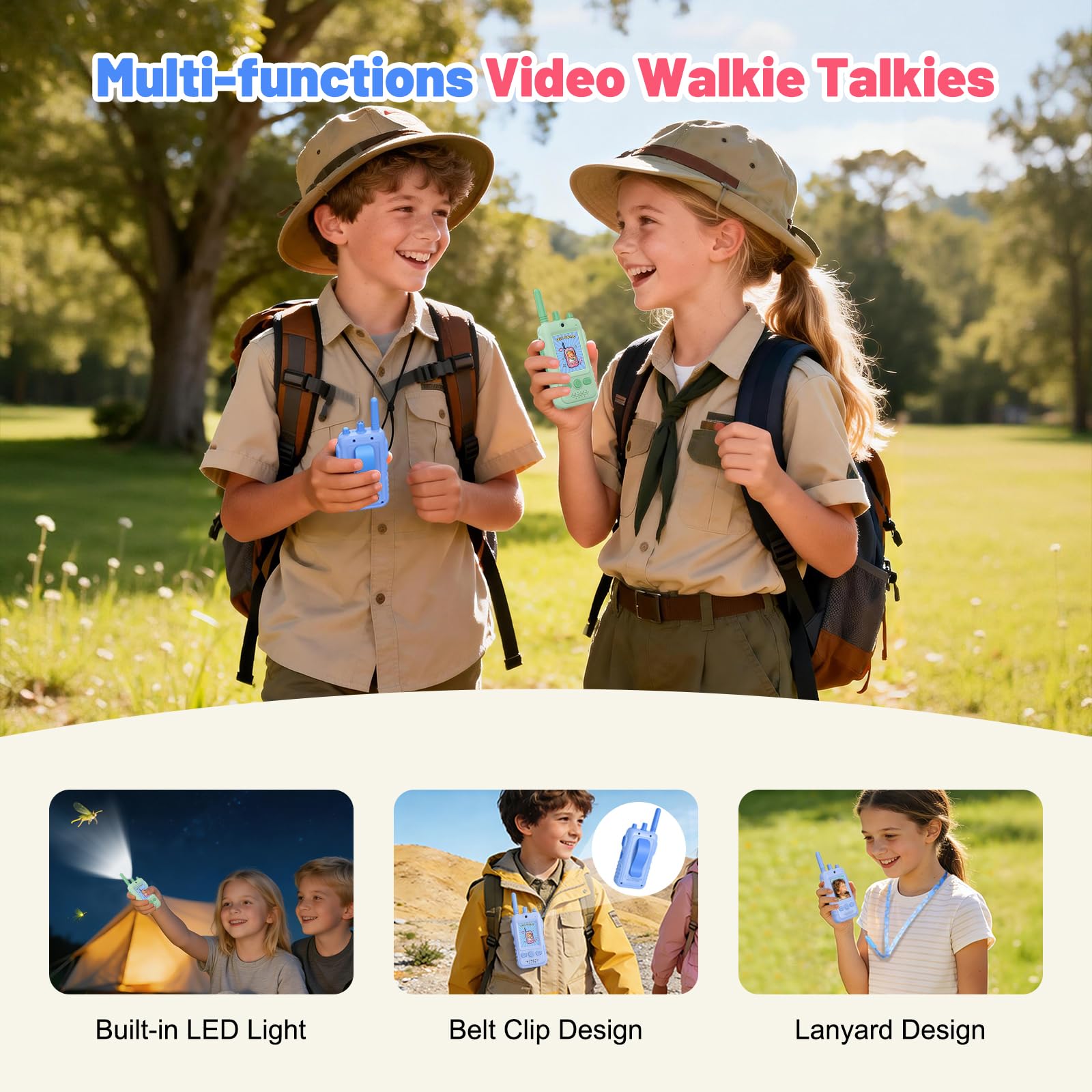 Talkie Walkie Enfants avec Vidéo, 2 Talkies Walkies Rechargeable avec écran d'affichage, Vidéo & Caméra HD Talkie- Walki e Longue Portée, Cadeaux aux garçons et aux Filles âgés de 3 à 12 Ans