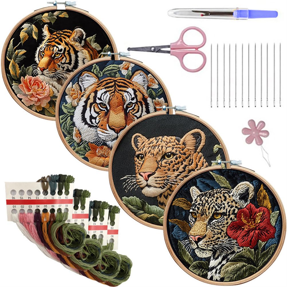 Meecaa Leopard 4P Tiger Flower Animal Embroidery Kit Starter Set, Hand Embroidery Set,Pattern Printed Cross Stitch Set For Beginner Adults, With Embroidery Hoop And Instructions (Leopard)