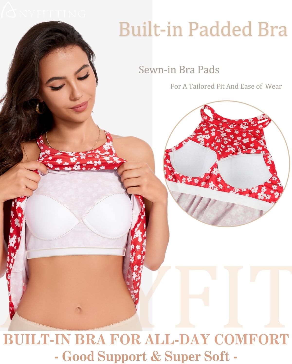 ANYFITTING Summer Dress with Built in Bra Casual Beach Sundress Flowy Halter Mini Short Dresses for Women 2025 - Image 4