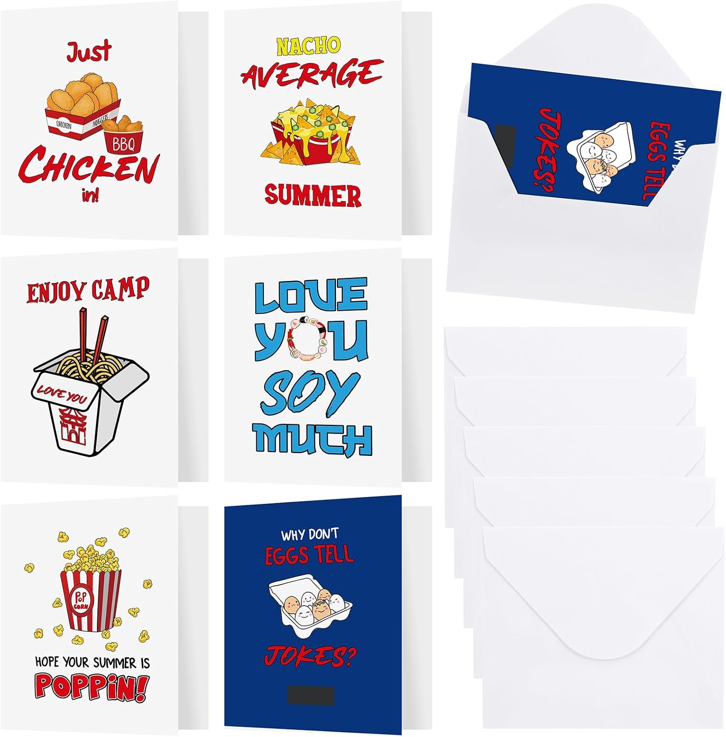Motiskyy 6 Pack Foodie Camp Greeting Cards Funny Cards 7 x 6 Inch Summer Camp Greeting Card with Envelope Camping Stationery Gifts for Kids Summer Holiday Office
