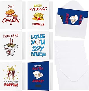 Motiskyy 6 Pack Foodie Camp Greeting Cards Funny Cards 7 x 6 Inch Summer Camp Greeting Card with Envelope Camping Stationery Gifts for Kids Summer Holiday Office