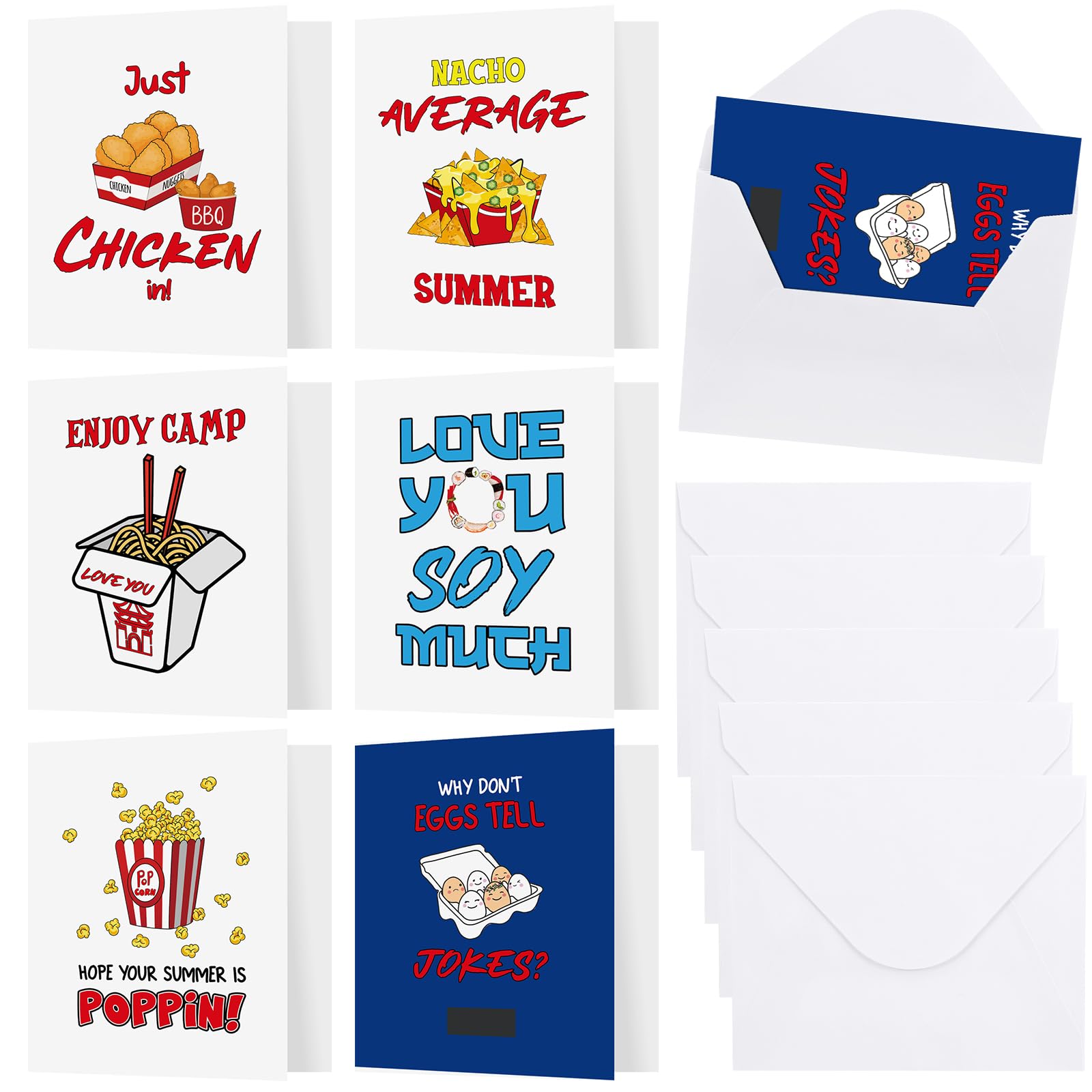 Motiskyy 6 Pack Foodie Camp Greeting Cards Funny Cards 7 x 6 Inch Summer Camp Greeting Card with Envelope Camping Stationery Gifts for Kids Summer